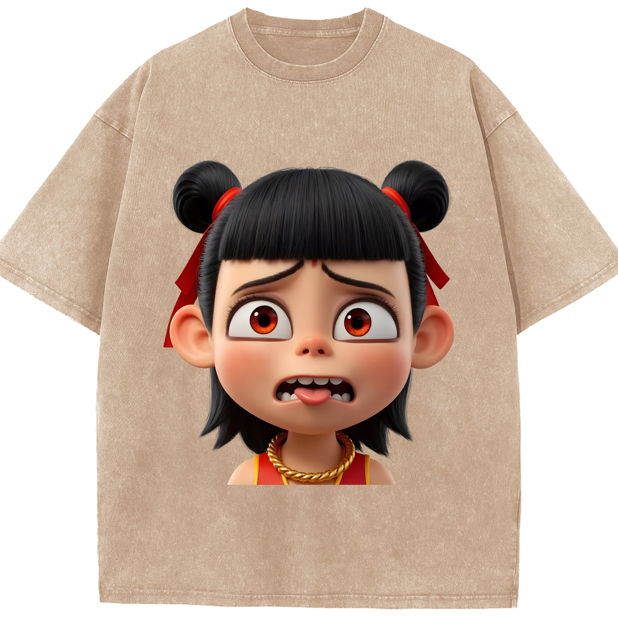 （画像用） Ne Zha 2 ナタ 魔童の大暴れ 綿100% ヴィンテージ風 半袖Tシャツ（フロントプリント）
