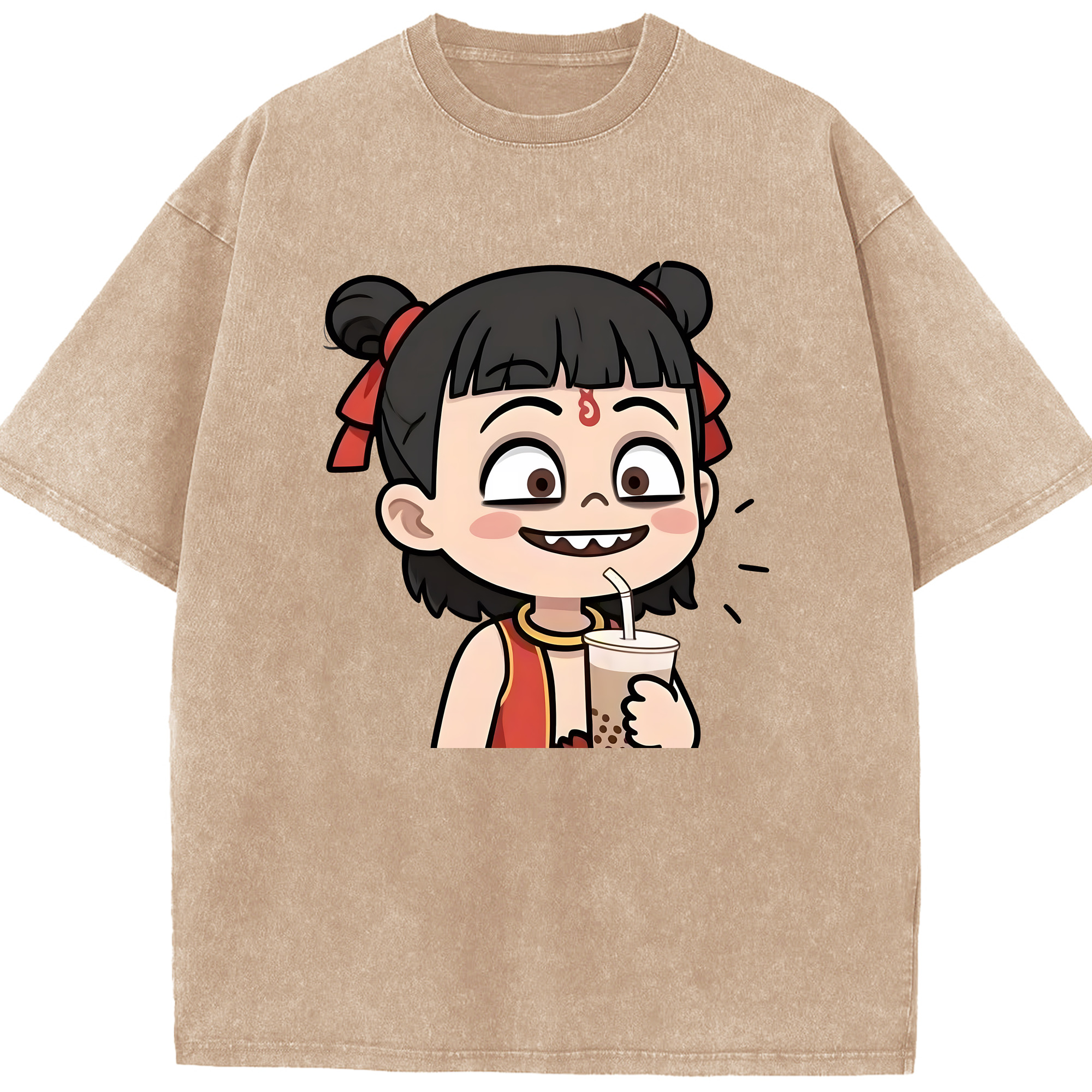 （画像用） Ne Zha 2 ナタ 魔童の大暴れ 綿100% ヴィンテージ風 半袖Tシャツ（フロントプリント）