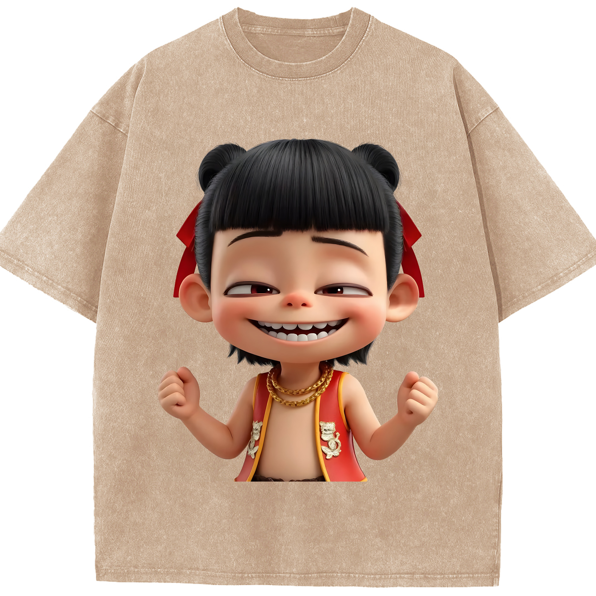 （画像用） Ne Zha 2 ナタ 魔童の大暴れ 綿100% ヴィンテージ風 半袖Tシャツ（フロントプリント）