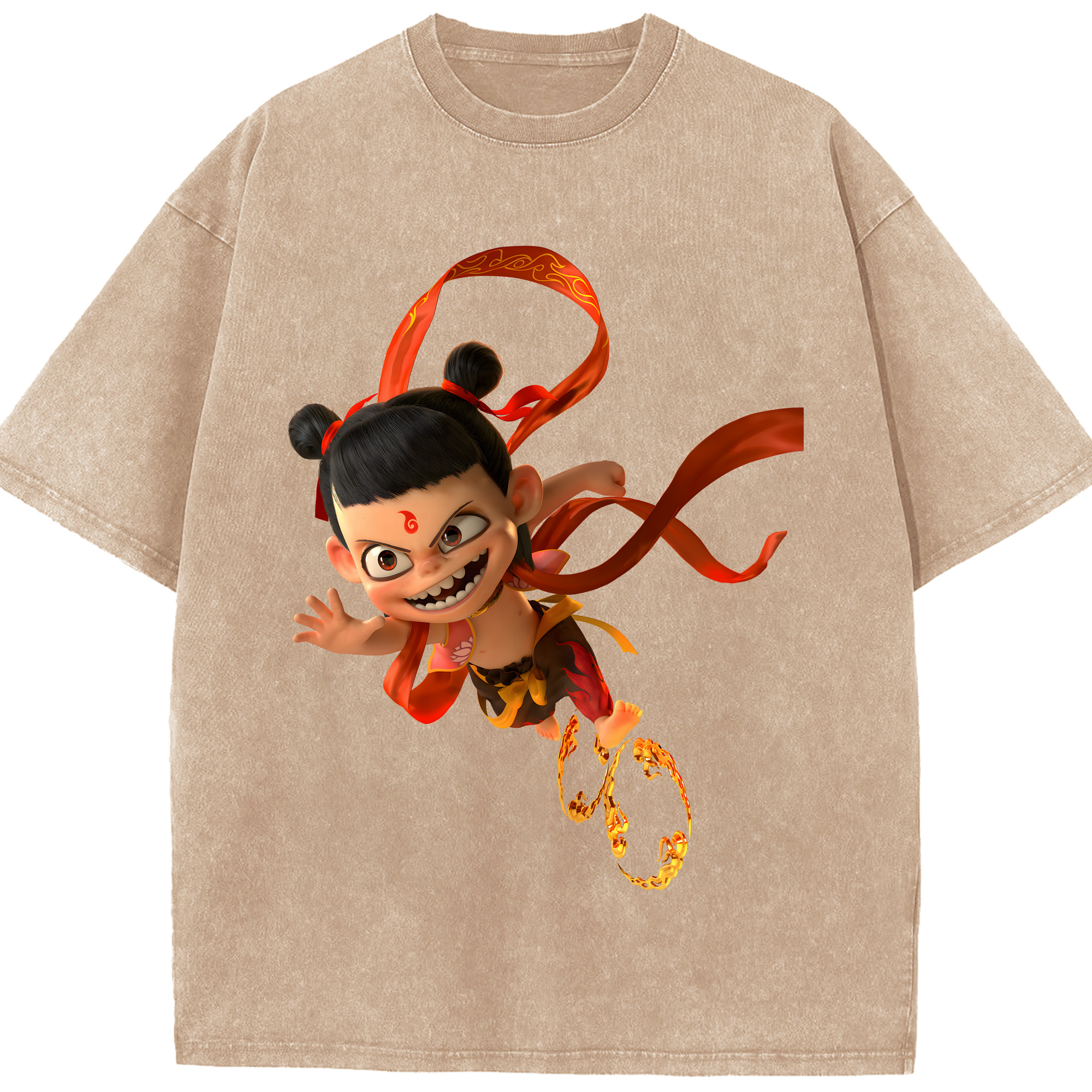 （画像用） Ne Zha 2 ナタ 魔童の大暴れ 綿100% ヴィンテージ風 半袖Tシャツ（フロントプリント）