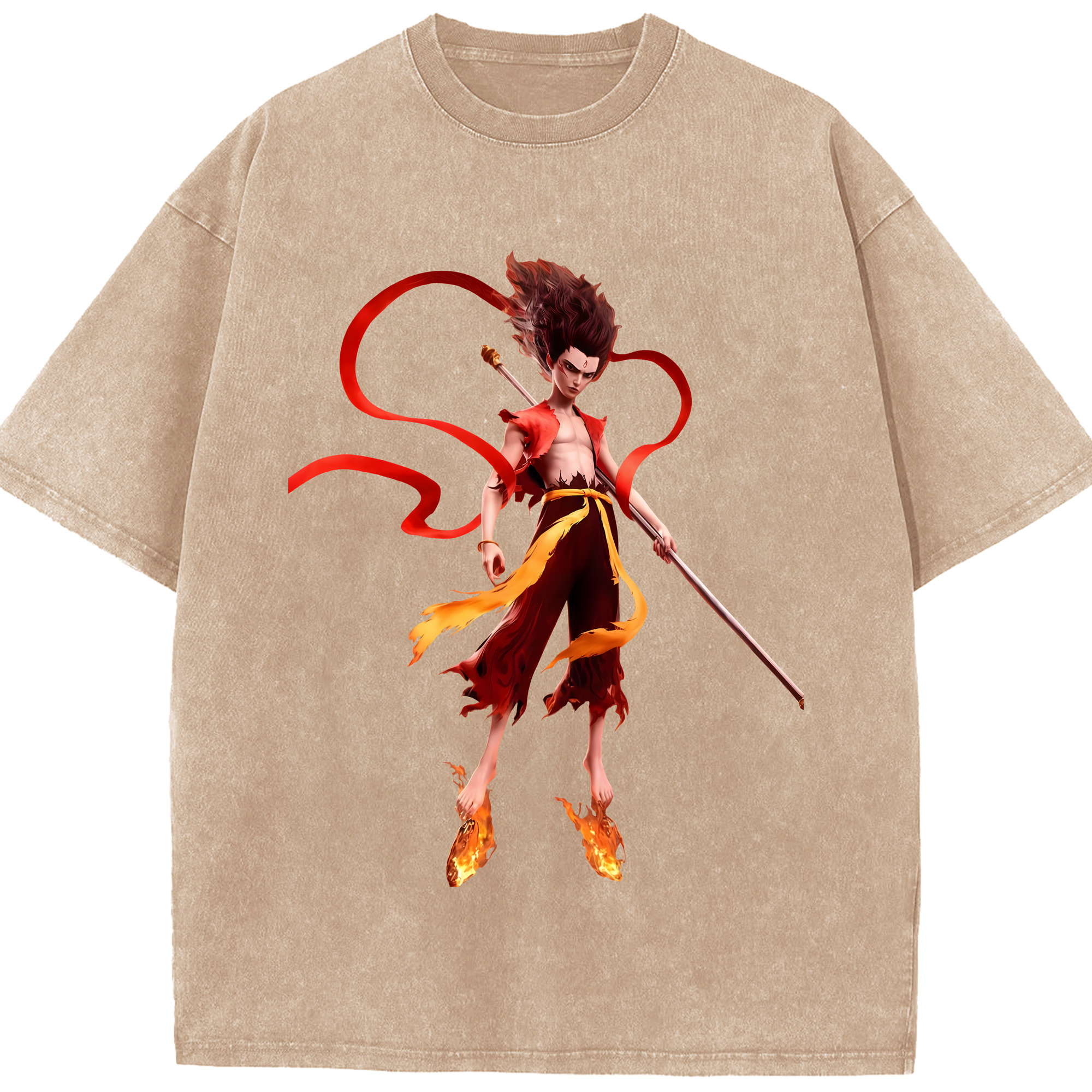 （画像用） Ne Zha 2 ナタ 魔童の大暴れ 綿100% ヴィンテージ風 半袖Tシャツ（フロントプリント）