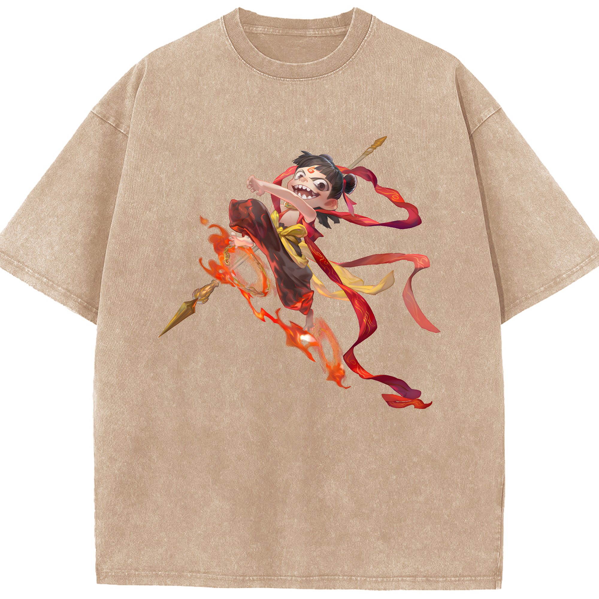 （画像用） Ne Zha 2 ナタ 魔童の大暴れ 綿100% ヴィンテージ風 半袖Tシャツ（フロントプリント）