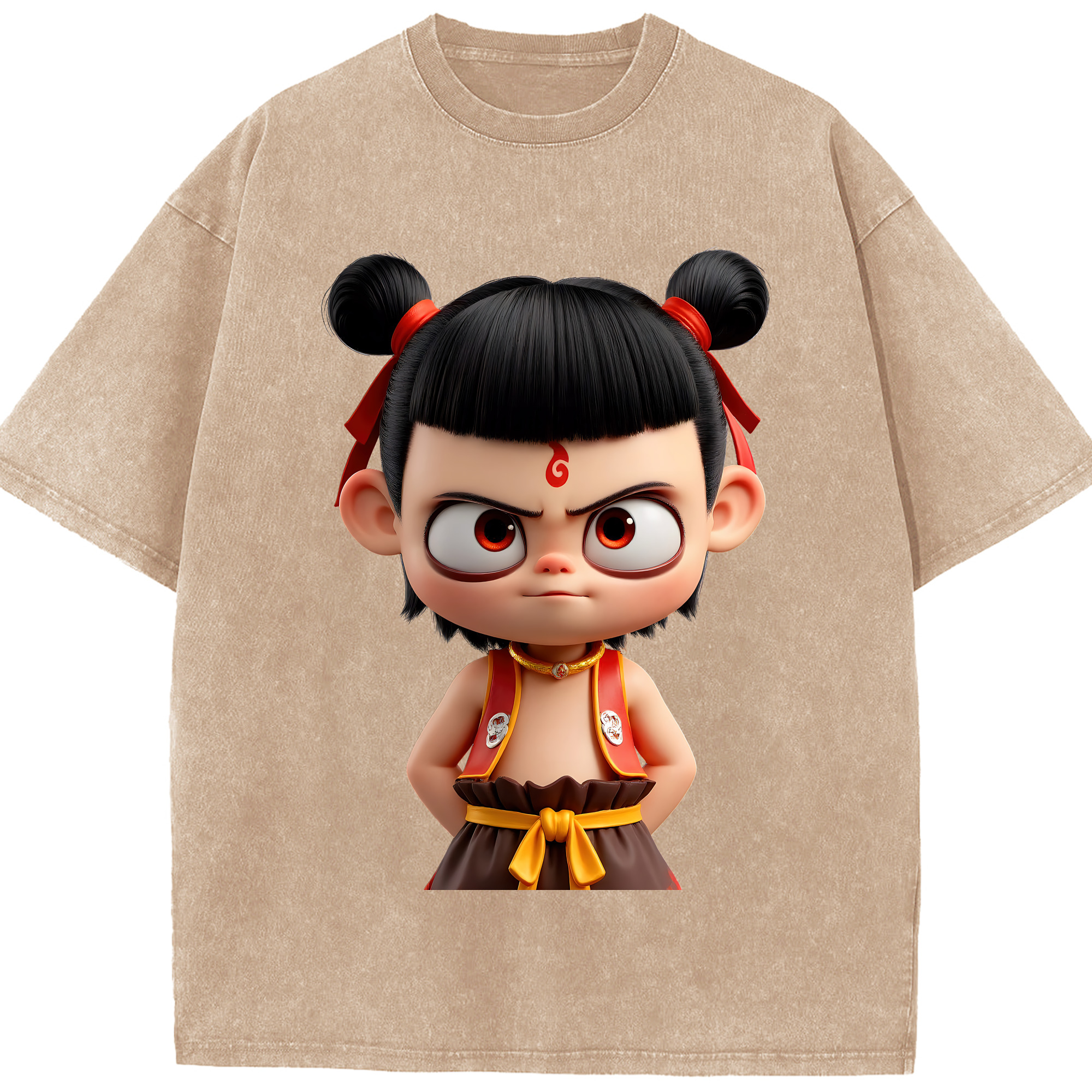 （画像用） Ne Zha 2 ナタ 魔童の大暴れ 綿100% ヴィンテージ風 半袖Tシャツ（フロントプリント）