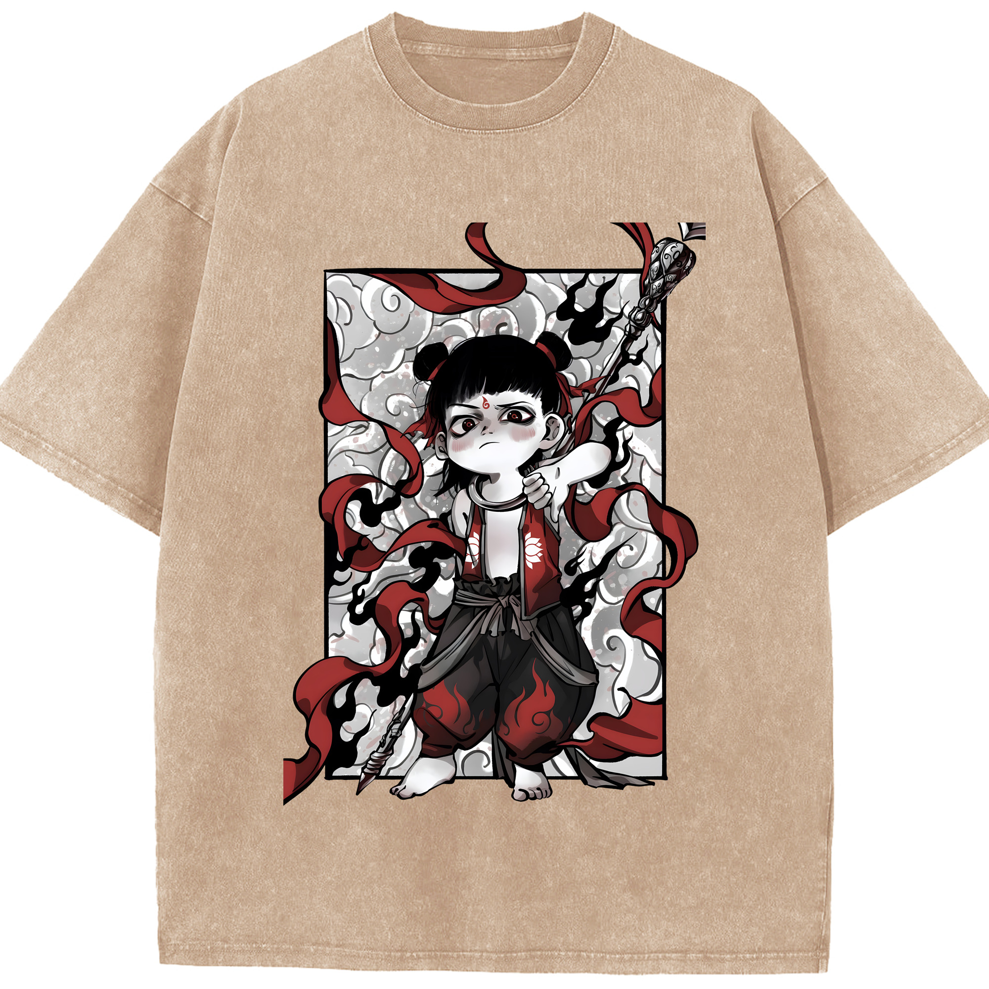（画像用） Ne Zha 2 ナタ 魔童の大暴れ 綿100% ヴィンテージ風 半袖Tシャツ（フロントプリント）