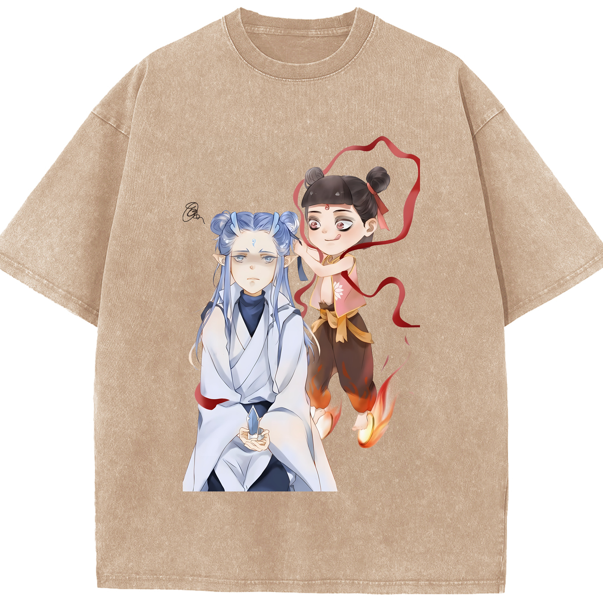（画像用） Ne Zha 2 ナタ 魔童の大暴れ 綿100% ヴィンテージ風 半袖Tシャツ（フロントプリント）