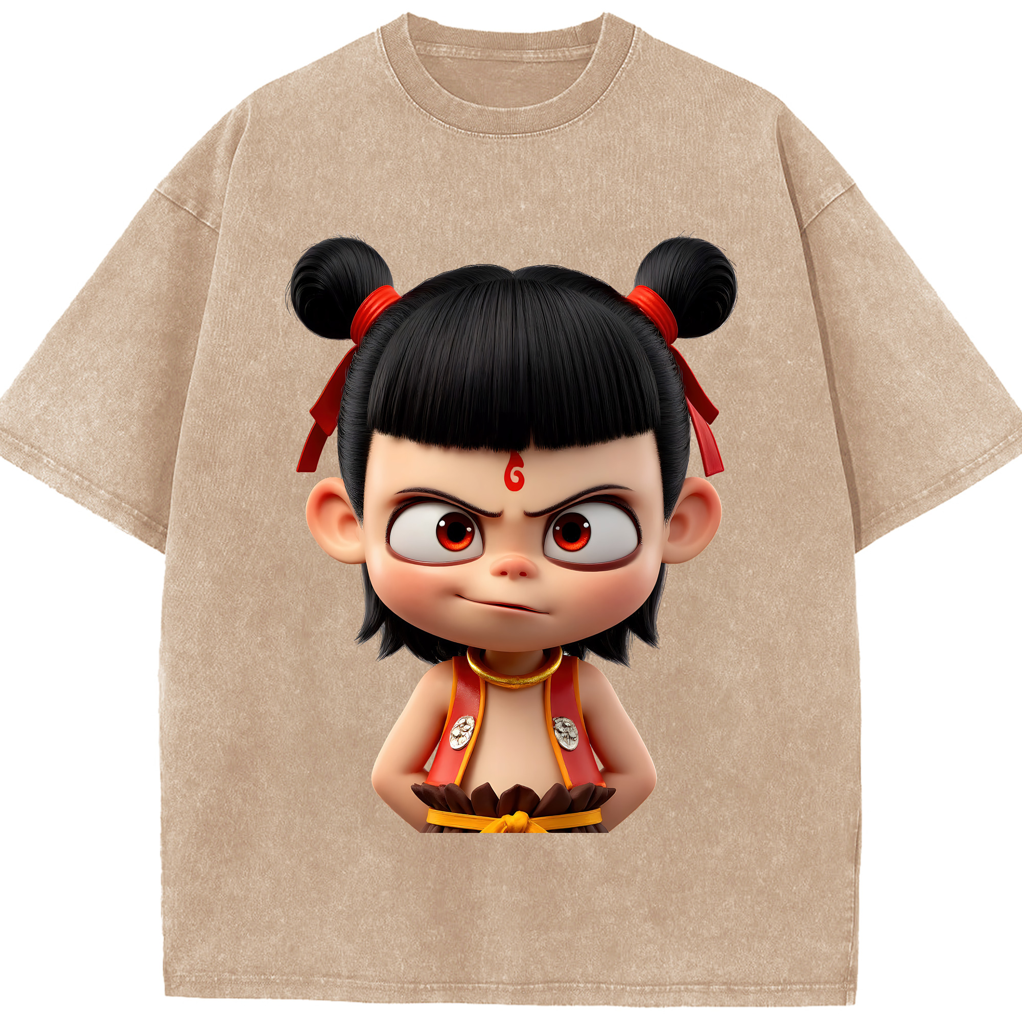 （画像用） Ne Zha 2 ナタ 魔童の大暴れ 綿100% ヴィンテージ風 半袖Tシャツ（フロントプリント）