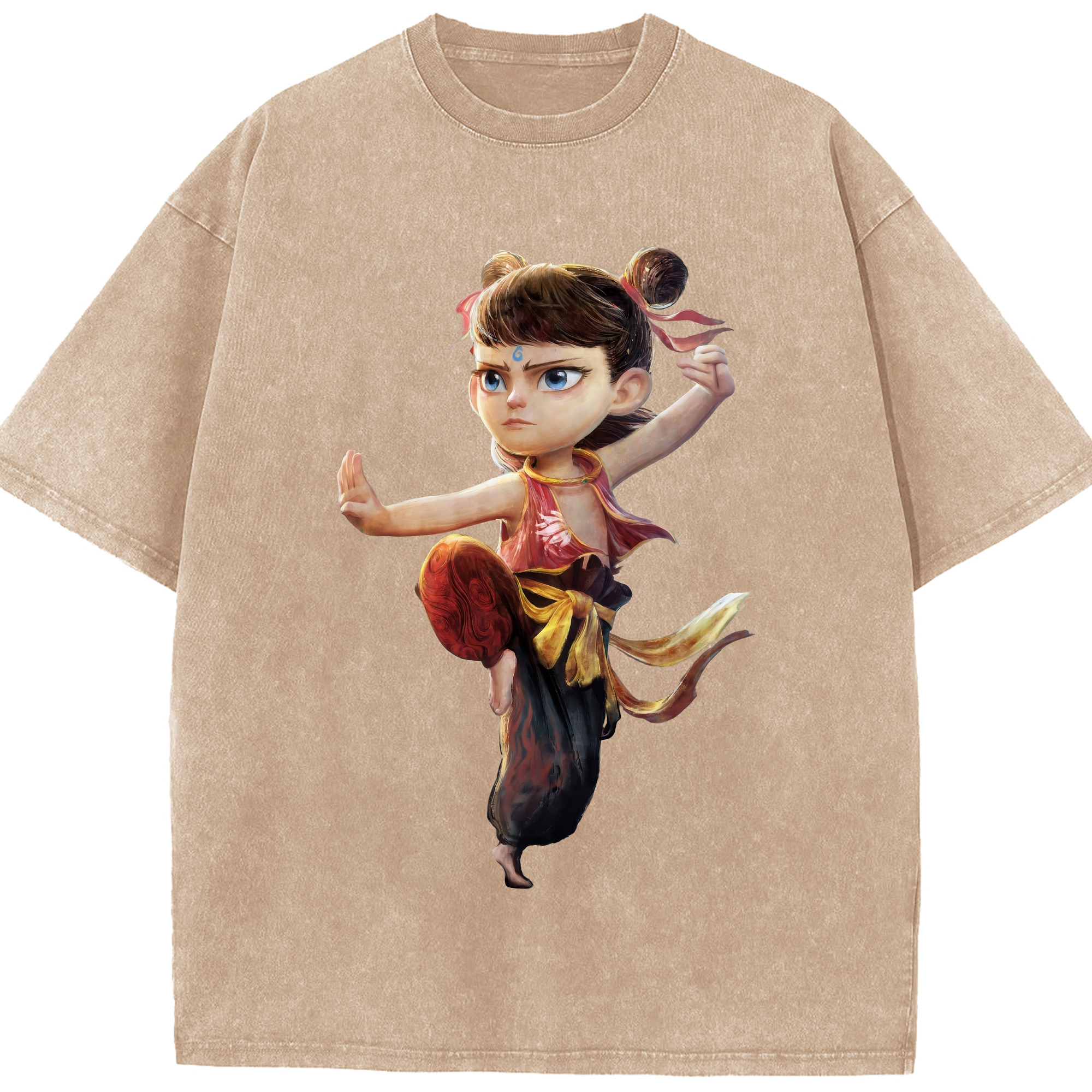 （画像用） Ne Zha 2 ナタ 魔童の大暴れ 綿100% ヴィンテージ風 半袖Tシャツ（フロントプリント）
