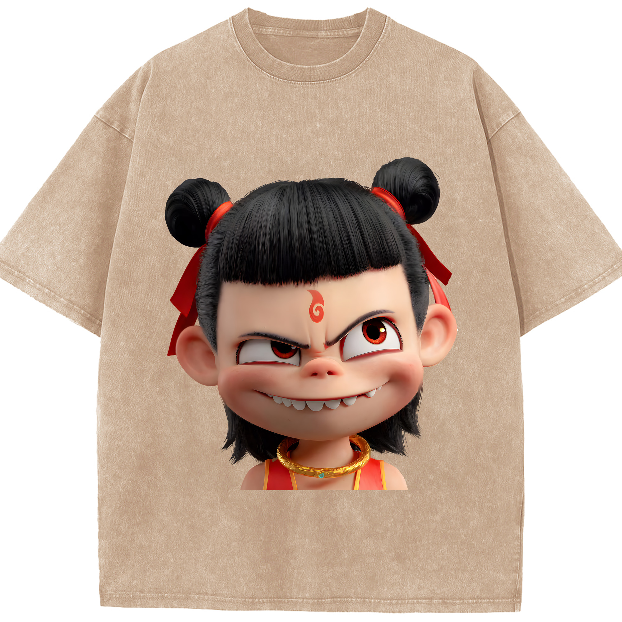 （画像用） Ne Zha 2 ナタ 魔童の大暴れ 綿100% ヴィンテージ風 半袖Tシャツ（フロントプリント）