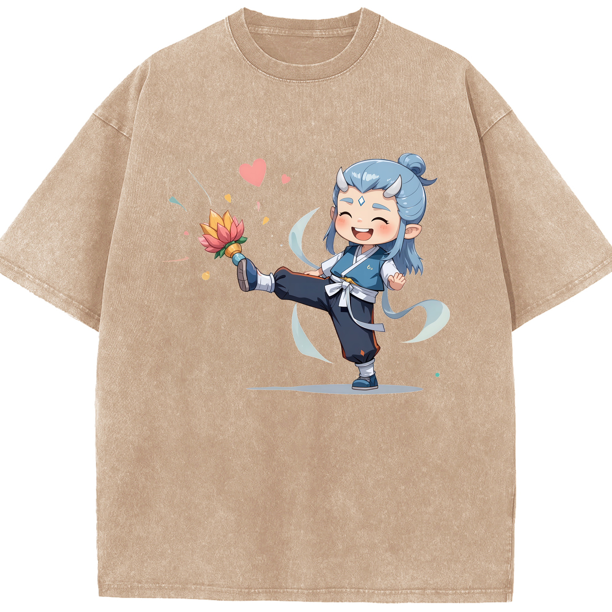 （画像用） Ne Zha 2 ナタ 魔童の大暴れ 綿100% ヴィンテージ風 半袖Tシャツ（フロントプリント）