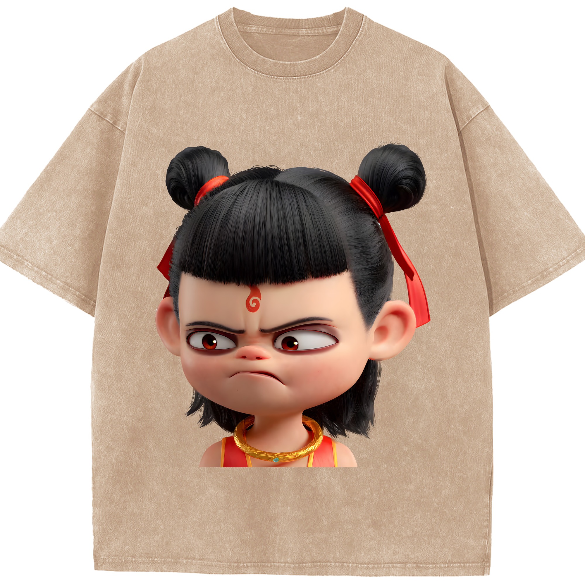 （画像用） Ne Zha 2 ナタ 魔童の大暴れ 綿100% ヴィンテージ風 半袖Tシャツ（フロントプリント）