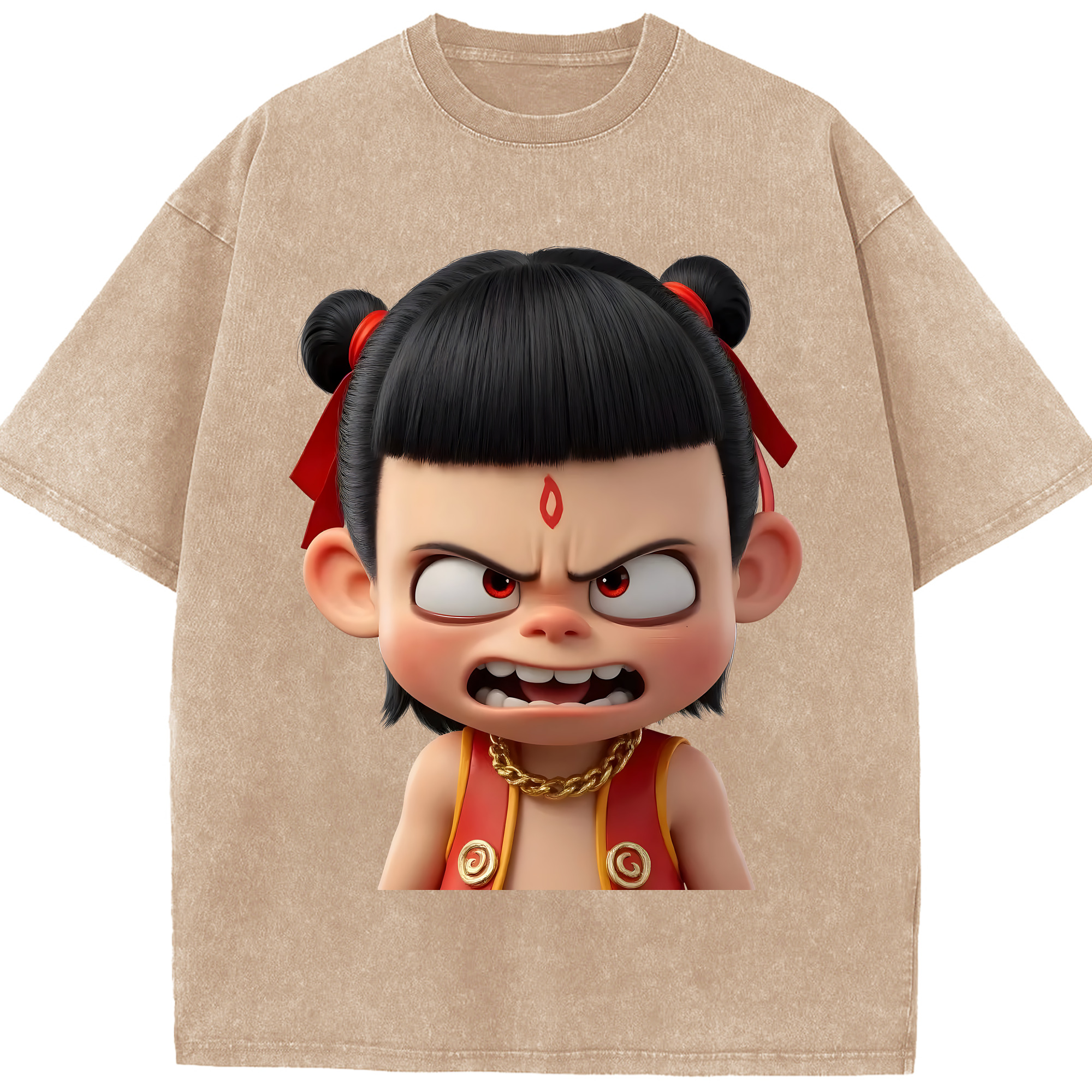 （画像用） Ne Zha 2 ナタ 魔童の大暴れ 綿100% ヴィンテージ風 半袖Tシャツ（フロントプリント）