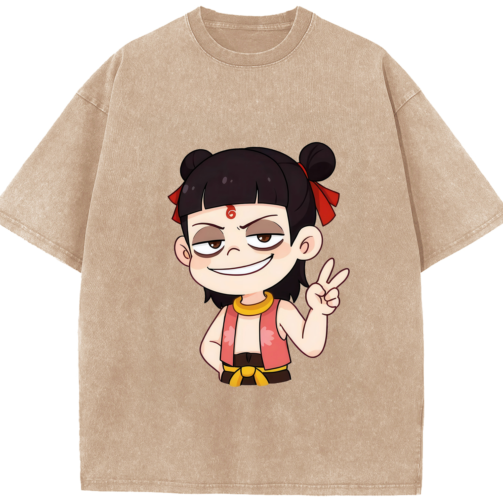 （画像用） Ne Zha 2 ナタ 魔童の大暴れ 綿100% ヴィンテージ風 半袖Tシャツ（フロントプリント）