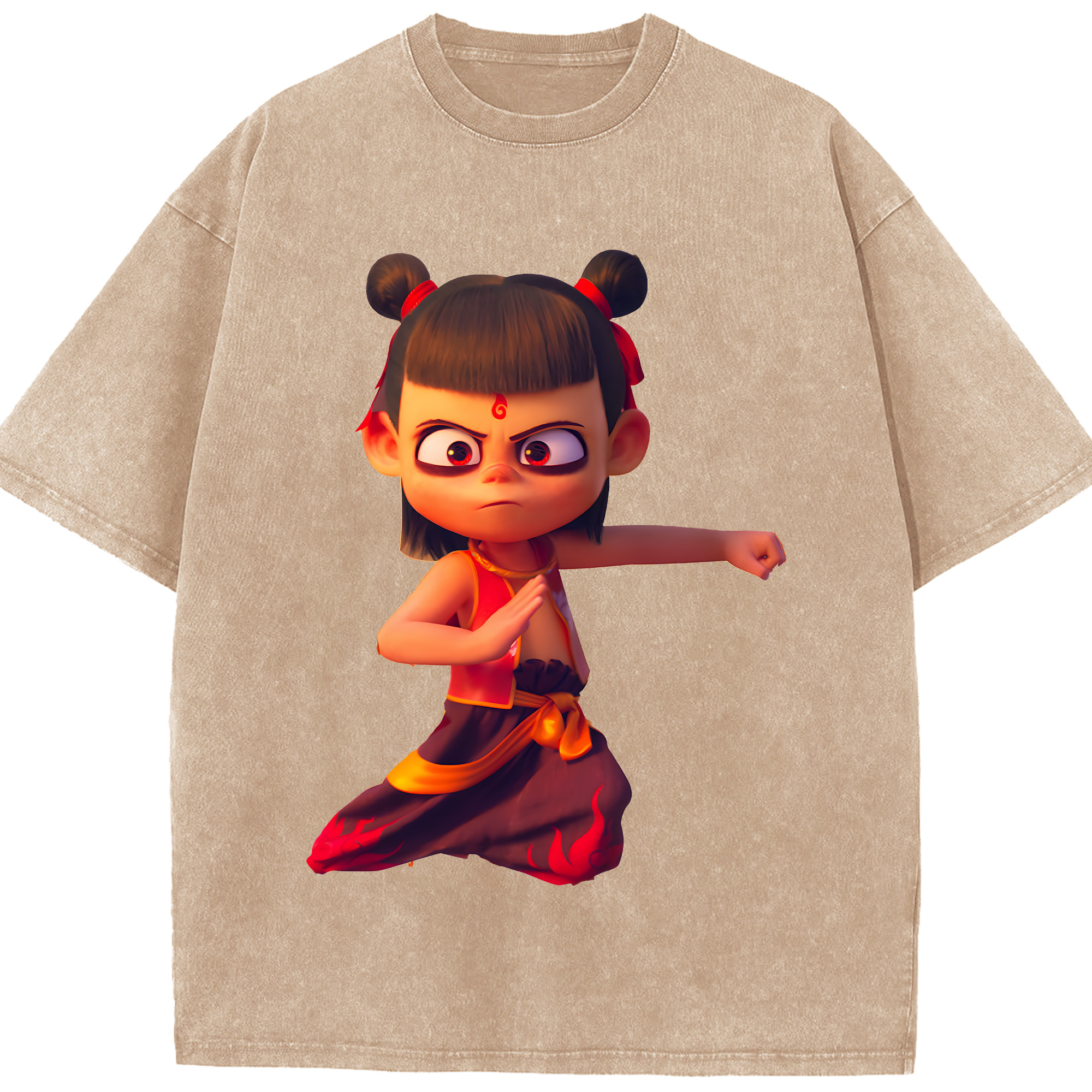 （画像用） Ne Zha 2 ナタ 魔童の大暴れ 綿100% ヴィンテージ風 半袖Tシャツ（フロントプリント）