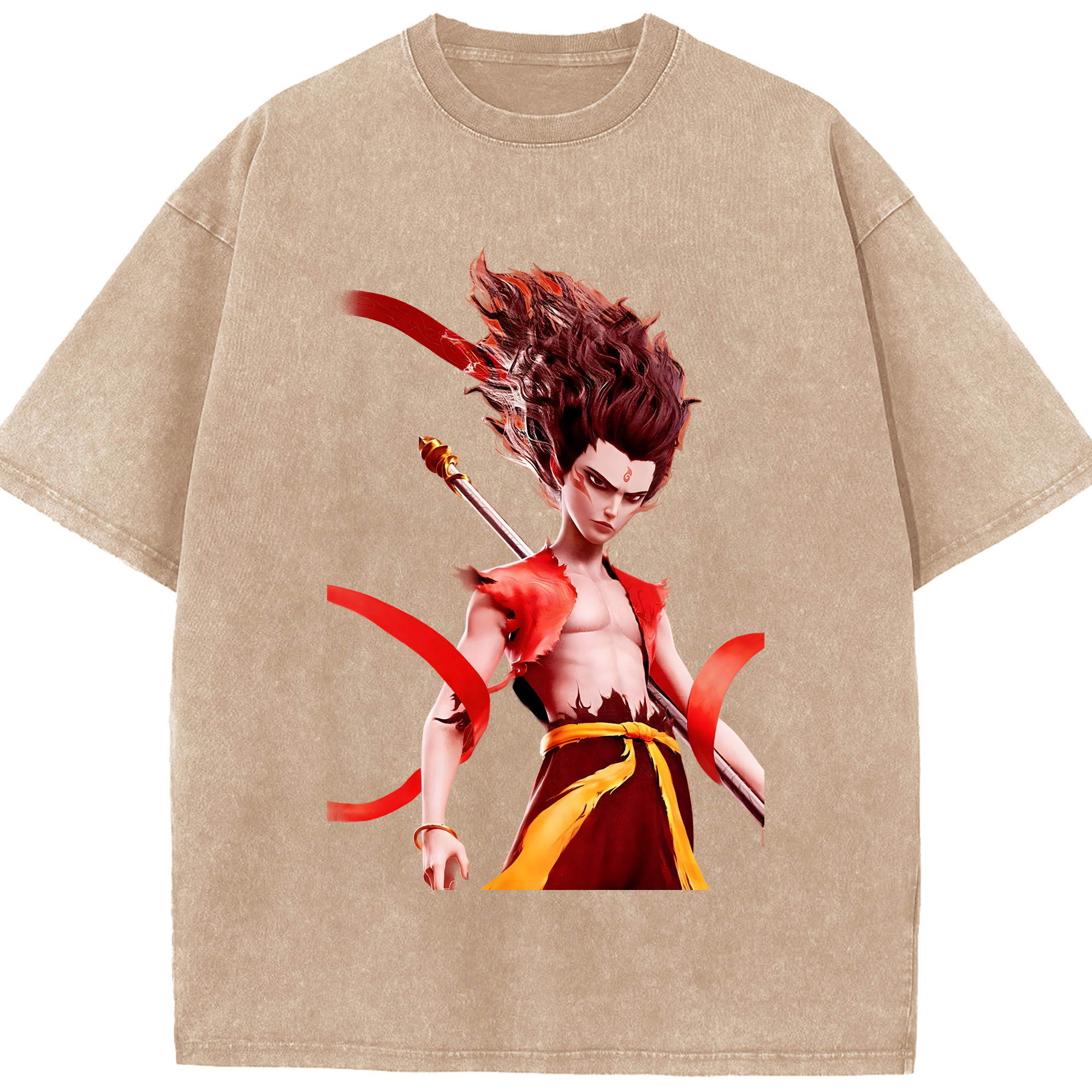 （画像用） Ne Zha 2 ナタ 魔童の大暴れ 綿100% ヴィンテージ風 半袖Tシャツ（フロントプリント）