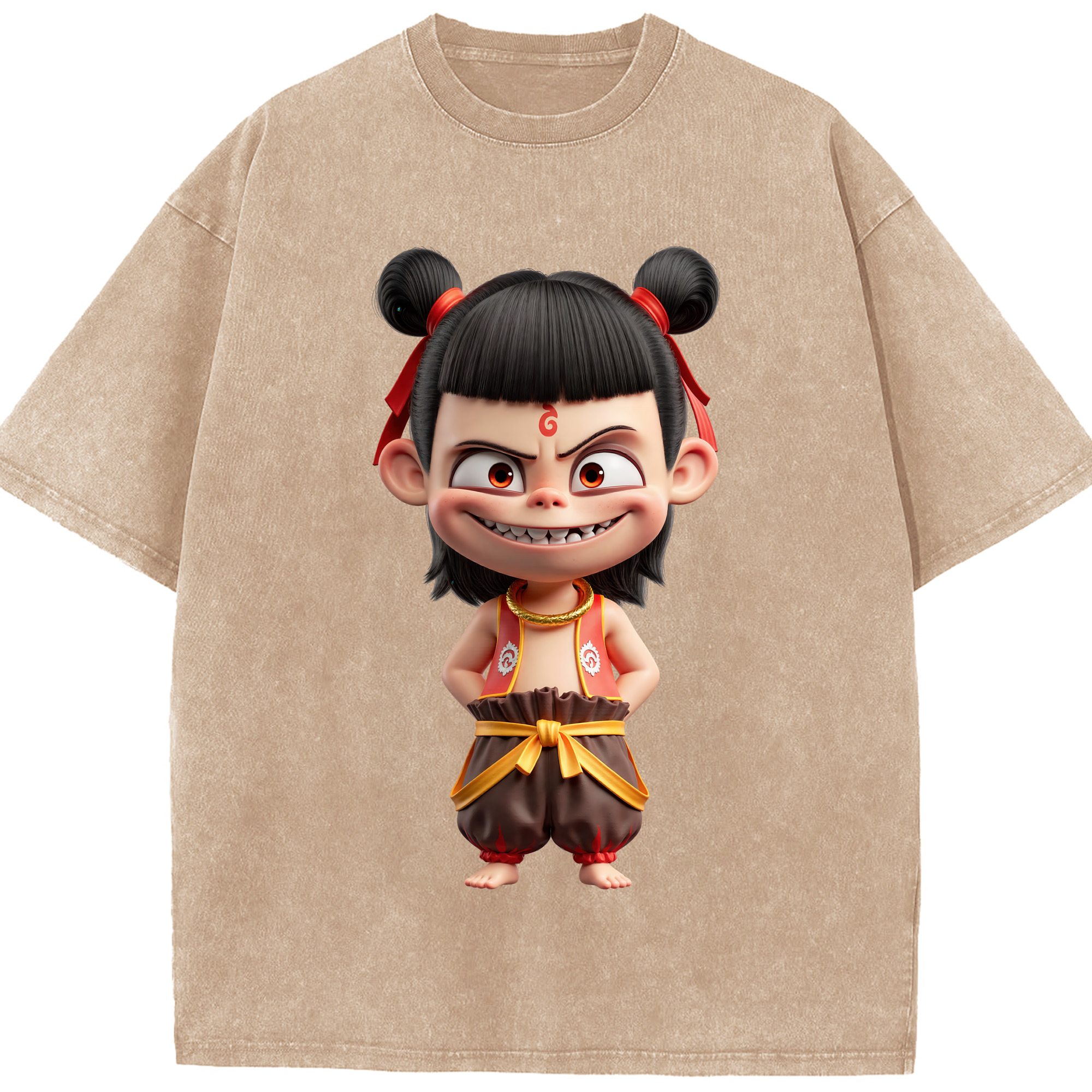 （画像用） Ne Zha 2 ナタ 魔童の大暴れ 綿100% ヴィンテージ風 半袖Tシャツ（フロントプリント）