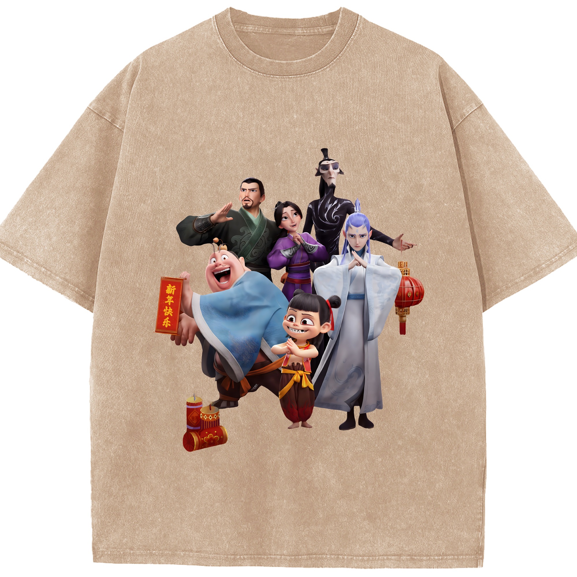 （画像用） Ne Zha 2 ナタ 魔童の大暴れ 綿100% ヴィンテージ風 半袖Tシャツ（フロントプリント）