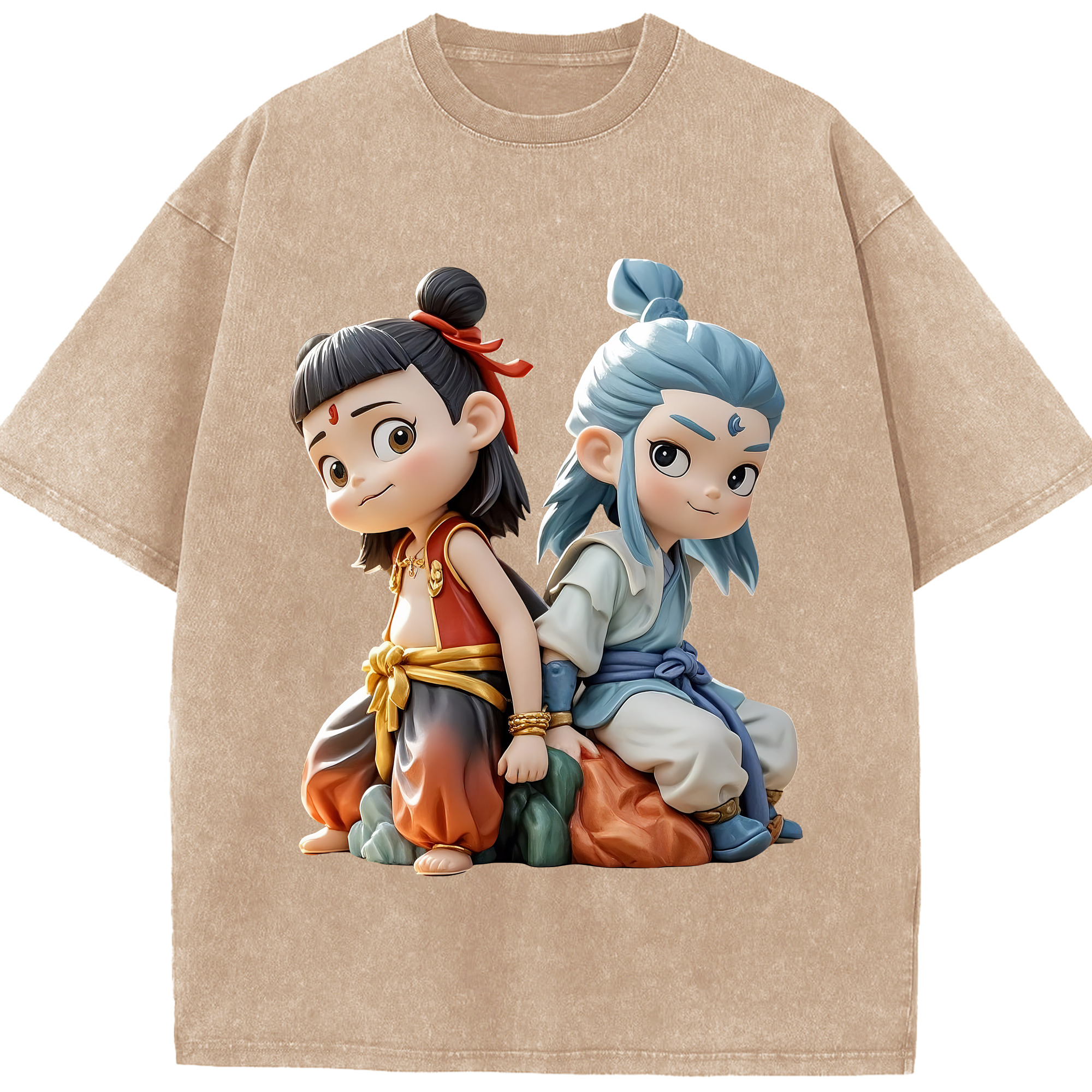 （画像用） Ne Zha 2 ナタ 魔童の大暴れ 綿100% ヴィンテージ風 半袖Tシャツ（フロントプリント）
