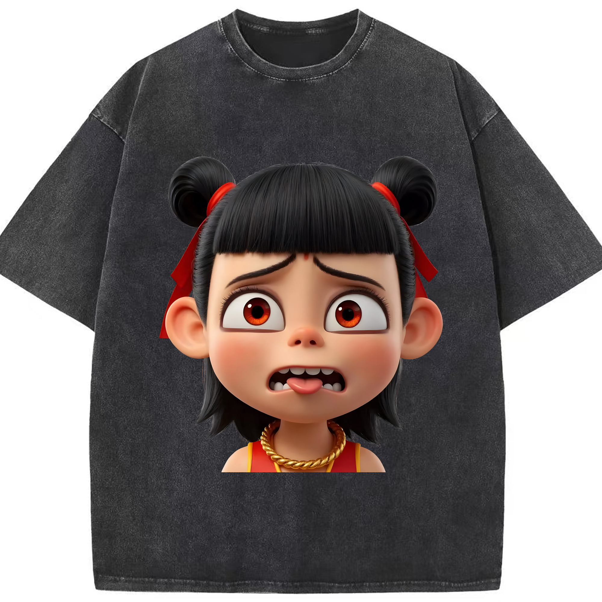 （画像用） Ne Zha 2 ナタ 魔童の大暴れ 綿100% ヴィンテージ風 半袖Tシャツ（フロントプリント）