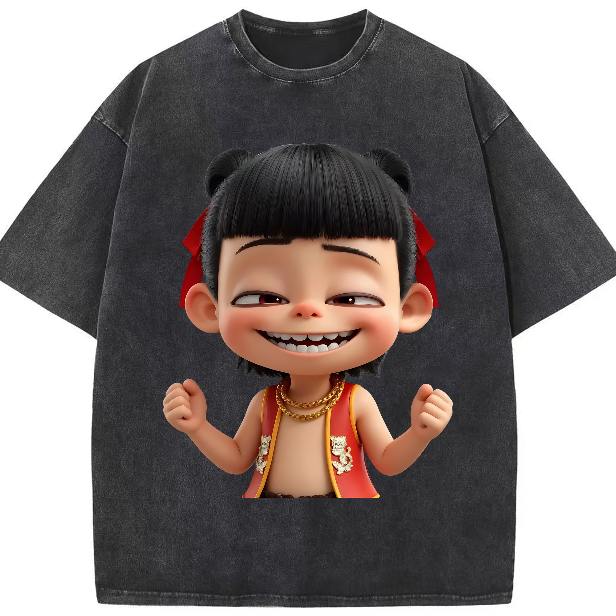 （画像用） Ne Zha 2 ナタ 魔童の大暴れ 綿100% ヴィンテージ風 半袖Tシャツ（フロントプリント）
