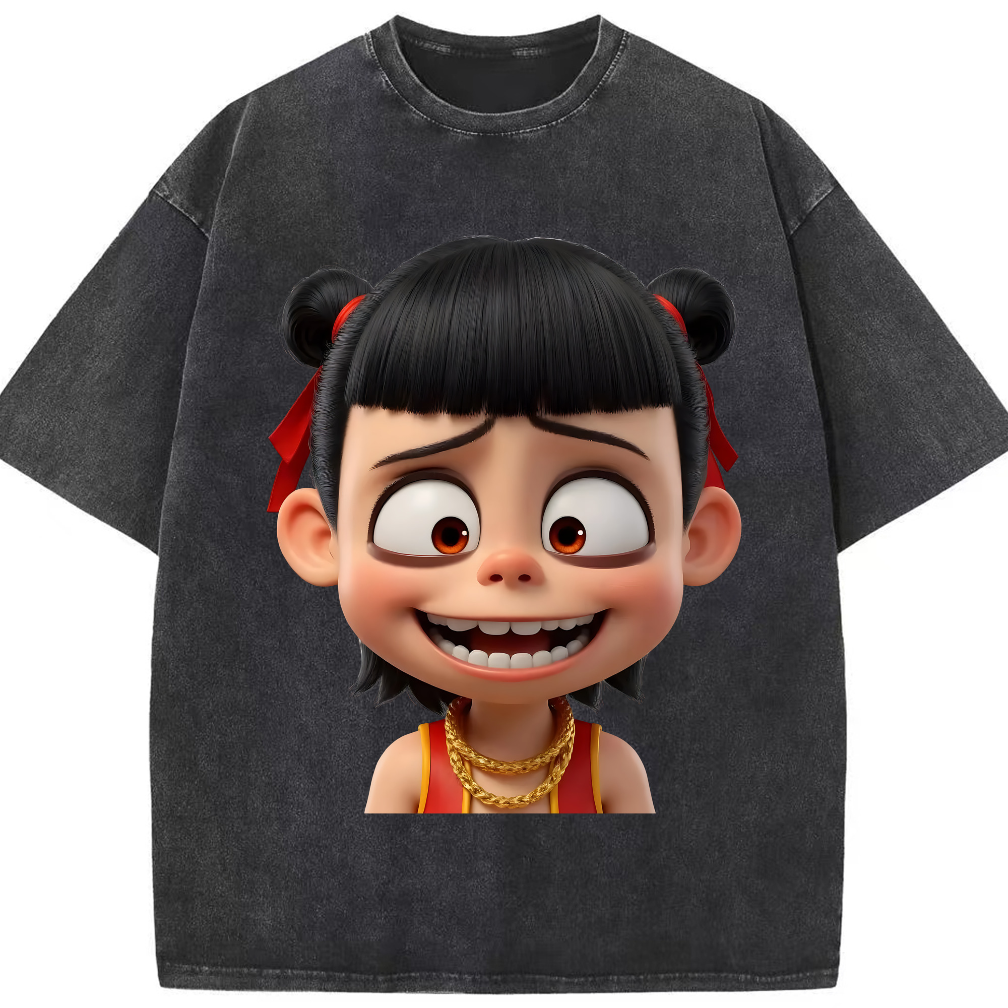 （画像用） Ne Zha 2 ナタ 魔童の大暴れ 綿100% ヴィンテージ風 半袖Tシャツ（フロントプリント）