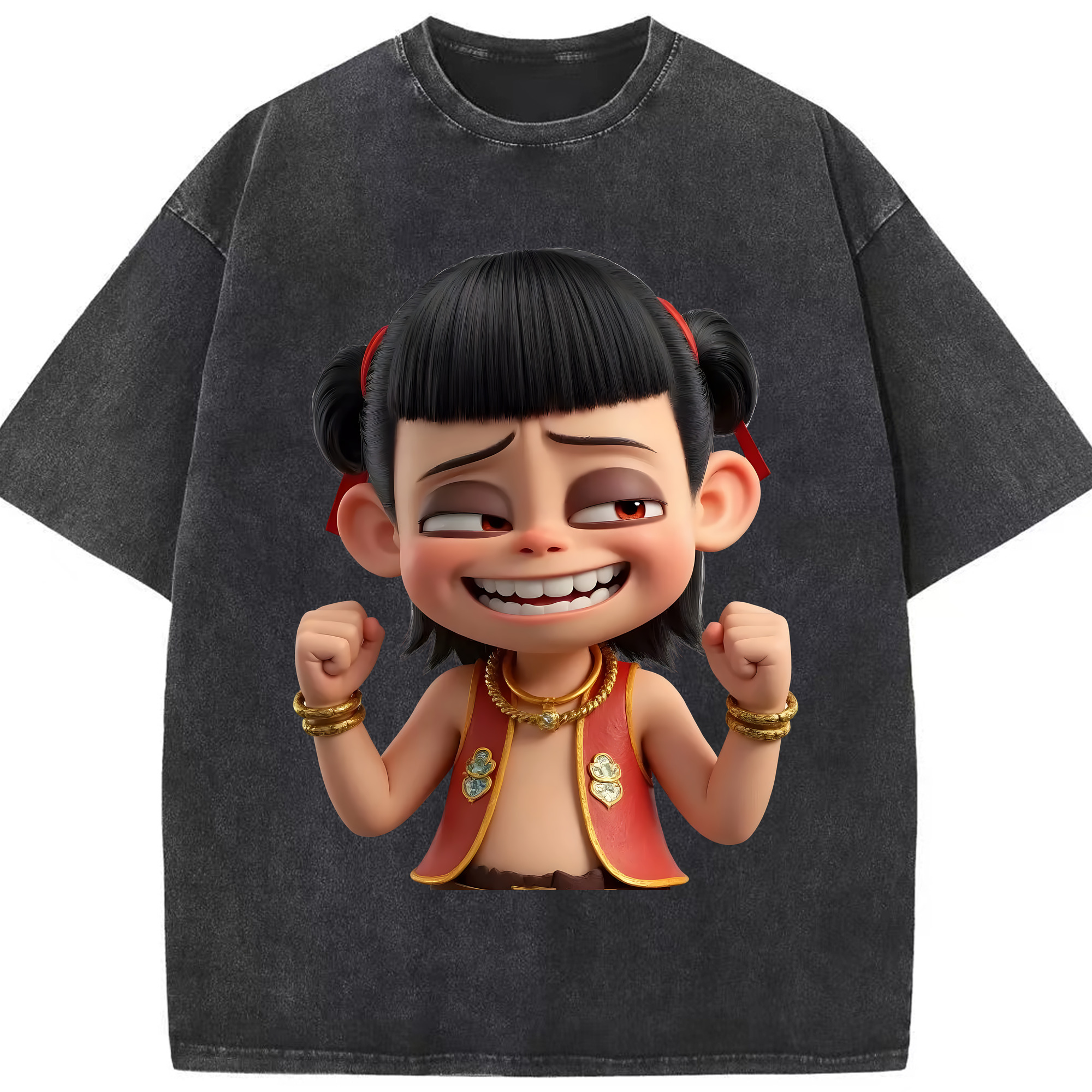 （画像用） Ne Zha 2 ナタ 魔童の大暴れ 綿100% ヴィンテージ風 半袖Tシャツ（フロントプリント）