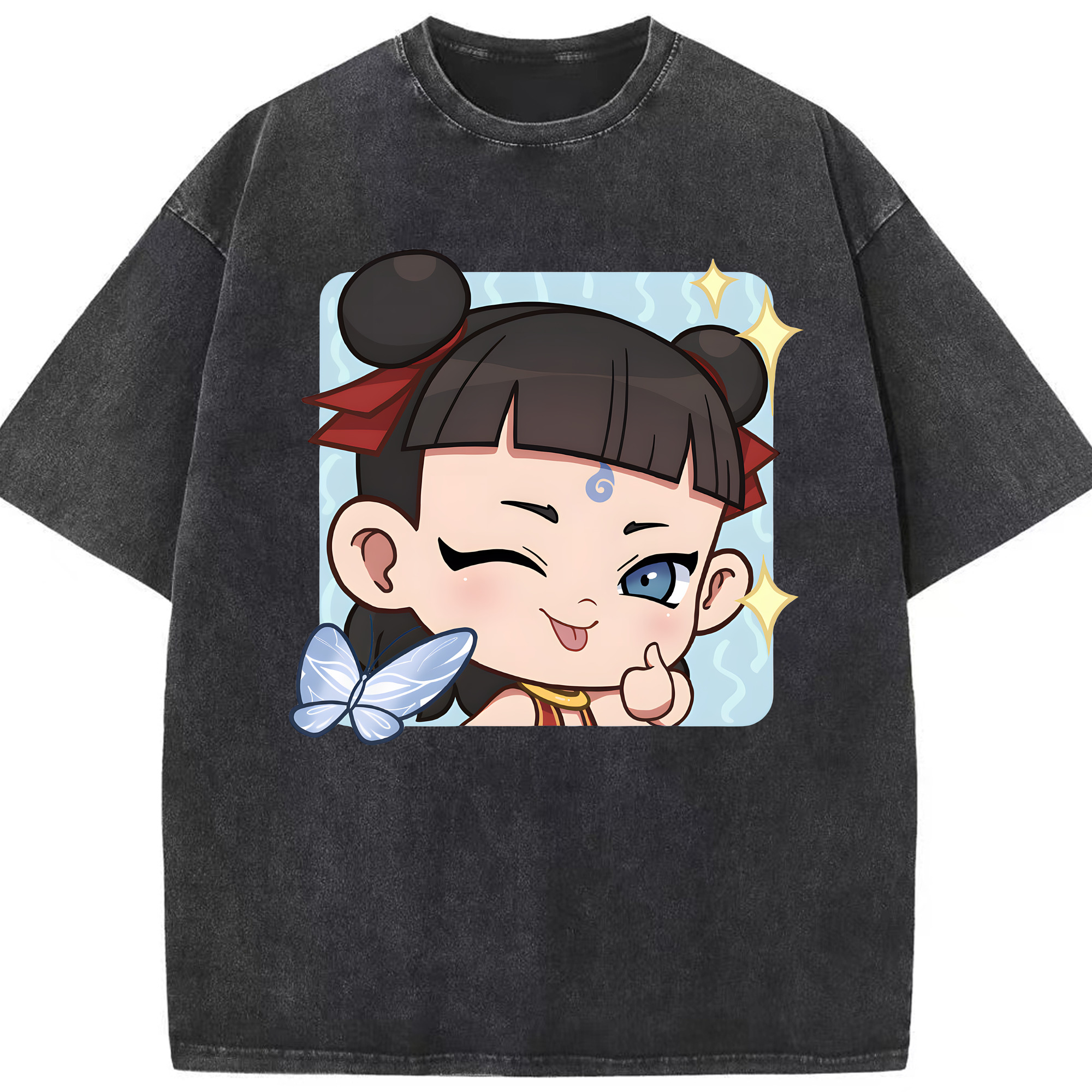 （画像用） Ne Zha 2 ナタ 魔童の大暴れ 綿100% ヴィンテージ風 半袖Tシャツ（フロントプリント）