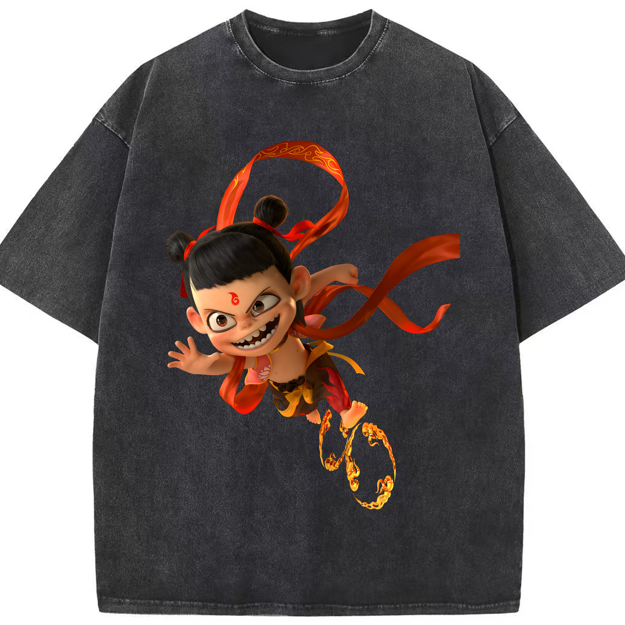 （画像用） Ne Zha 2 ナタ 魔童の大暴れ 綿100% ヴィンテージ風 半袖Tシャツ（フロントプリント）
