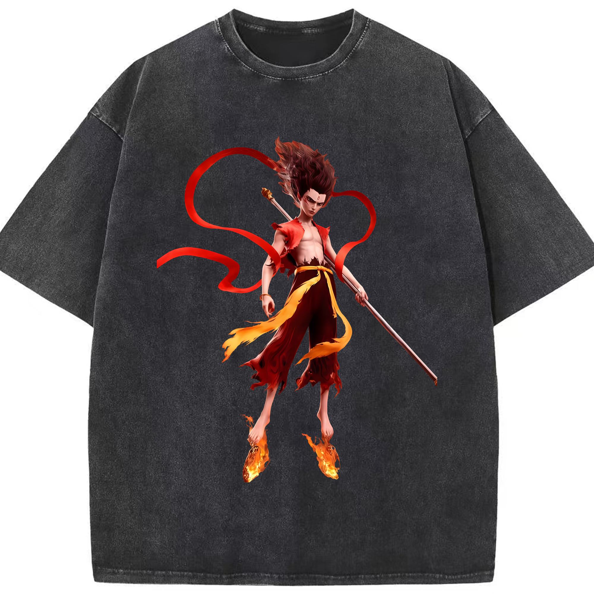 （画像用） Ne Zha 2 ナタ 魔童の大暴れ 綿100% ヴィンテージ風 半袖Tシャツ（フロントプリント）