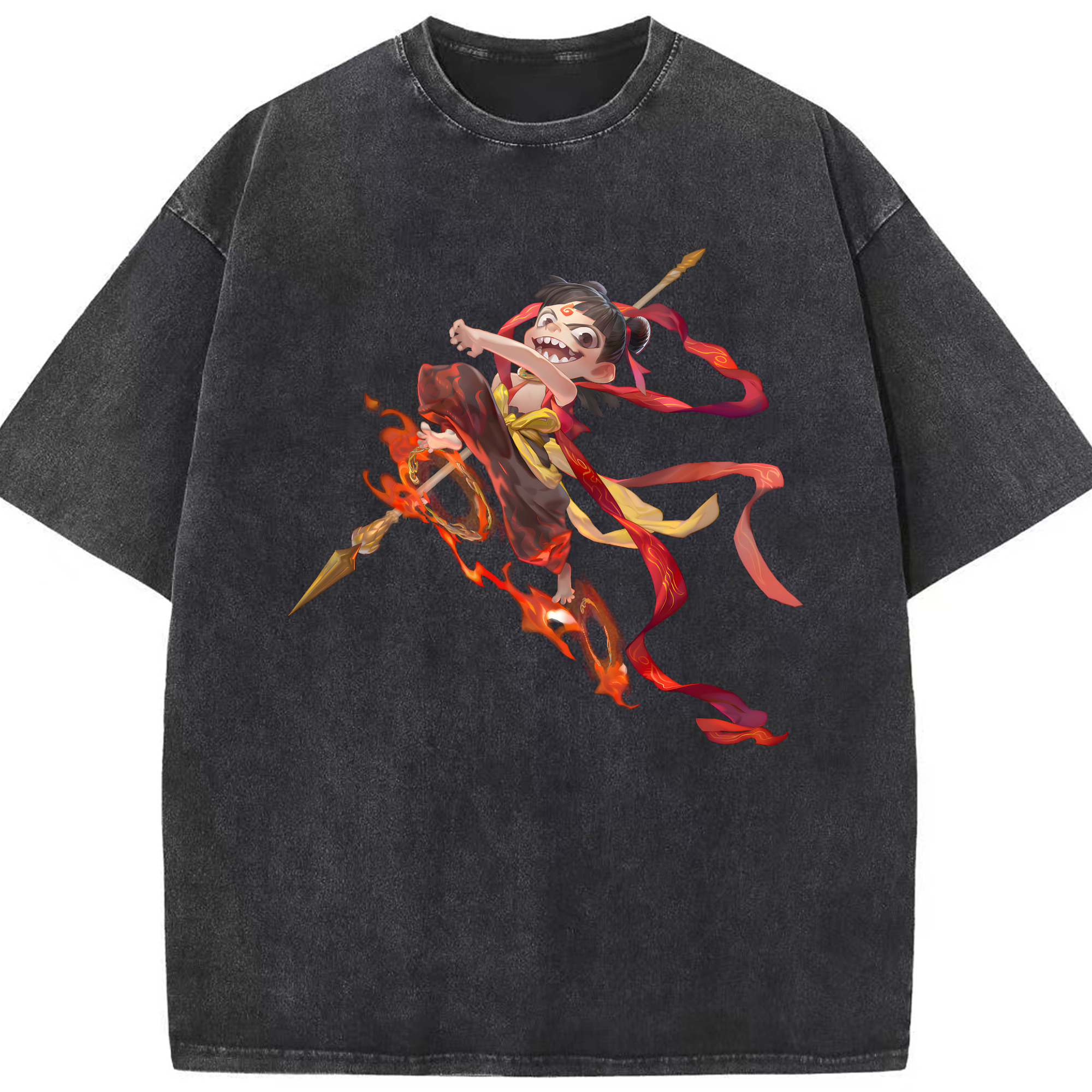 （画像用） Ne Zha 2 ナタ 魔童の大暴れ 綿100% ヴィンテージ風 半袖Tシャツ（フロントプリント）