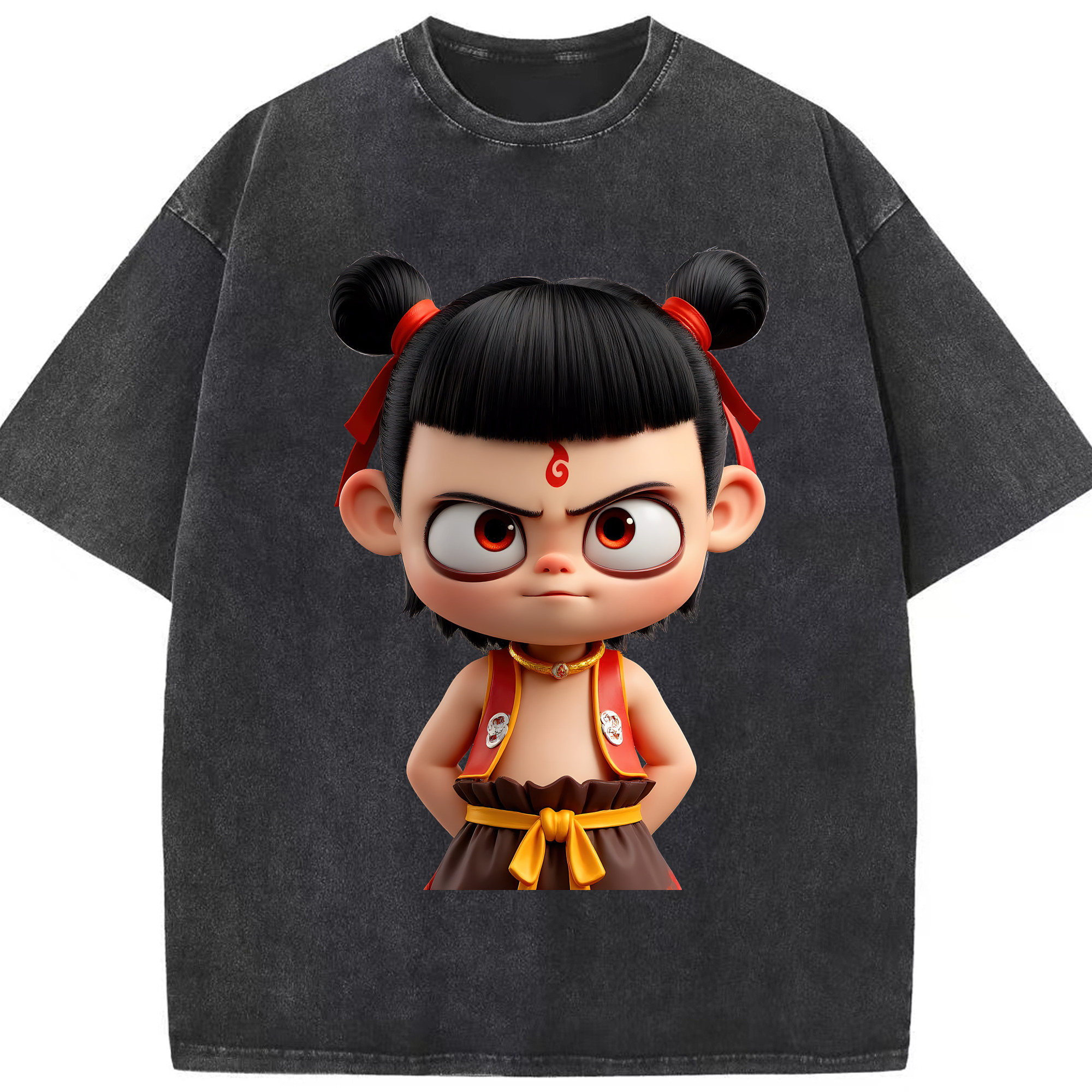 （画像用） Ne Zha 2 ナタ 魔童の大暴れ 綿100% ヴィンテージ風 半袖Tシャツ（フロントプリント）