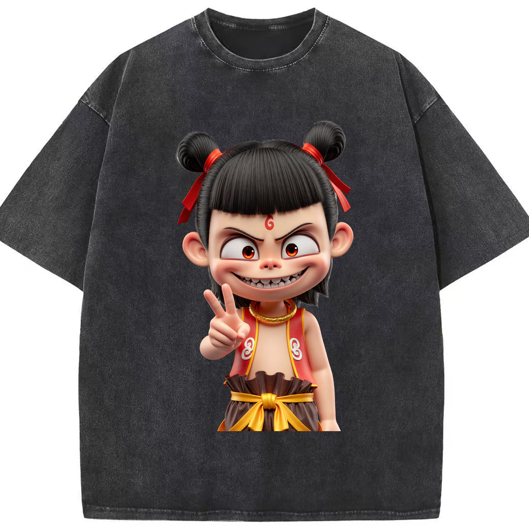 （画像用） Ne Zha 2 ナタ 魔童の大暴れ 綿100% ヴィンテージ風 半袖Tシャツ（フロントプリント）