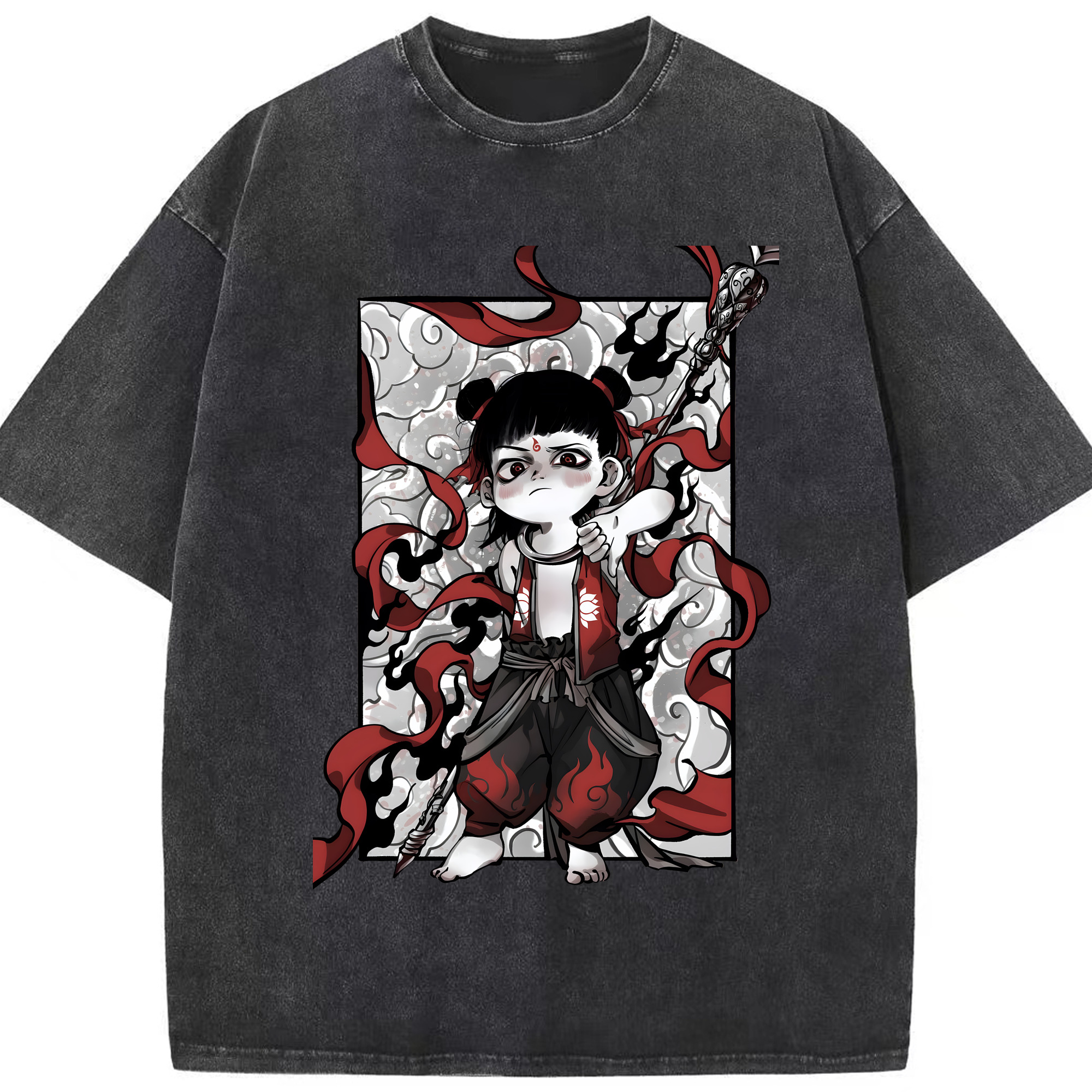 （画像用） Ne Zha 2 ナタ 魔童の大暴れ 綿100% ヴィンテージ風 半袖Tシャツ（フロントプリント）