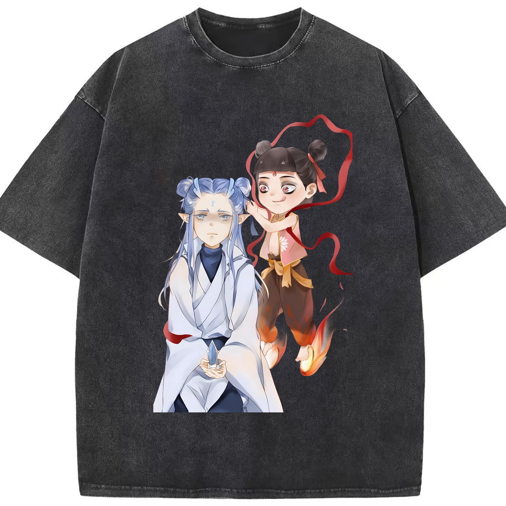 （画像用） Ne Zha 2 ナタ 魔童の大暴れ 綿100% ヴィンテージ風 半袖Tシャツ（フロントプリント）