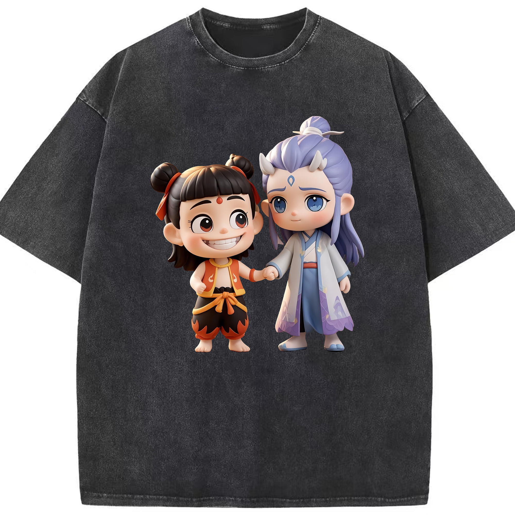 （画像用） Ne Zha 2 ナタ 魔童の大暴れ 綿100% ヴィンテージ風 半袖Tシャツ（フロントプリント）