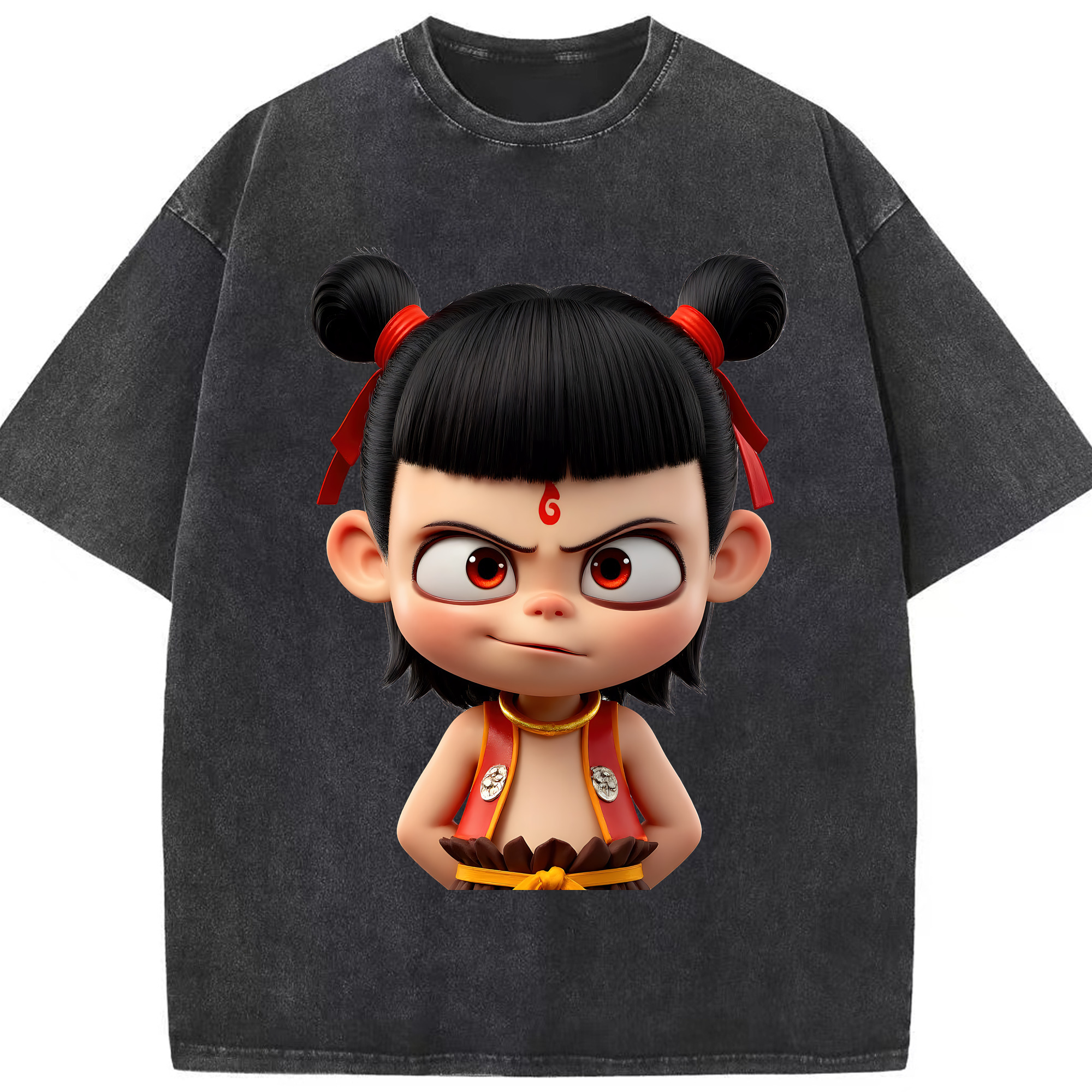 （画像用） Ne Zha 2 ナタ 魔童の大暴れ 綿100% ヴィンテージ風 半袖Tシャツ（フロントプリント）