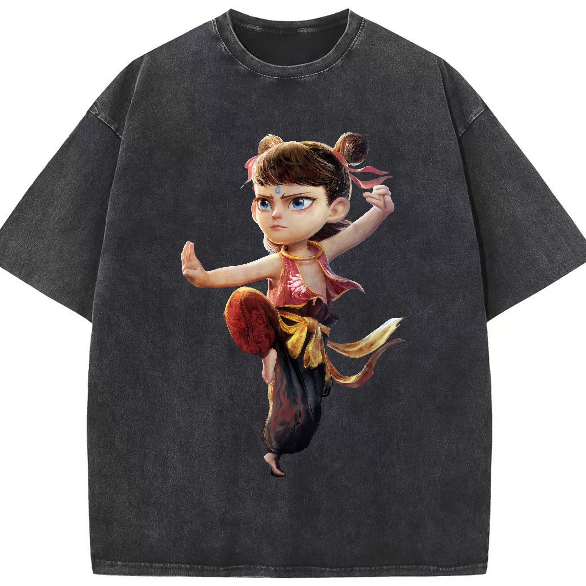 （画像用） Ne Zha 2 ナタ 魔童の大暴れ 綿100% ヴィンテージ風 半袖Tシャツ（フロントプリント）