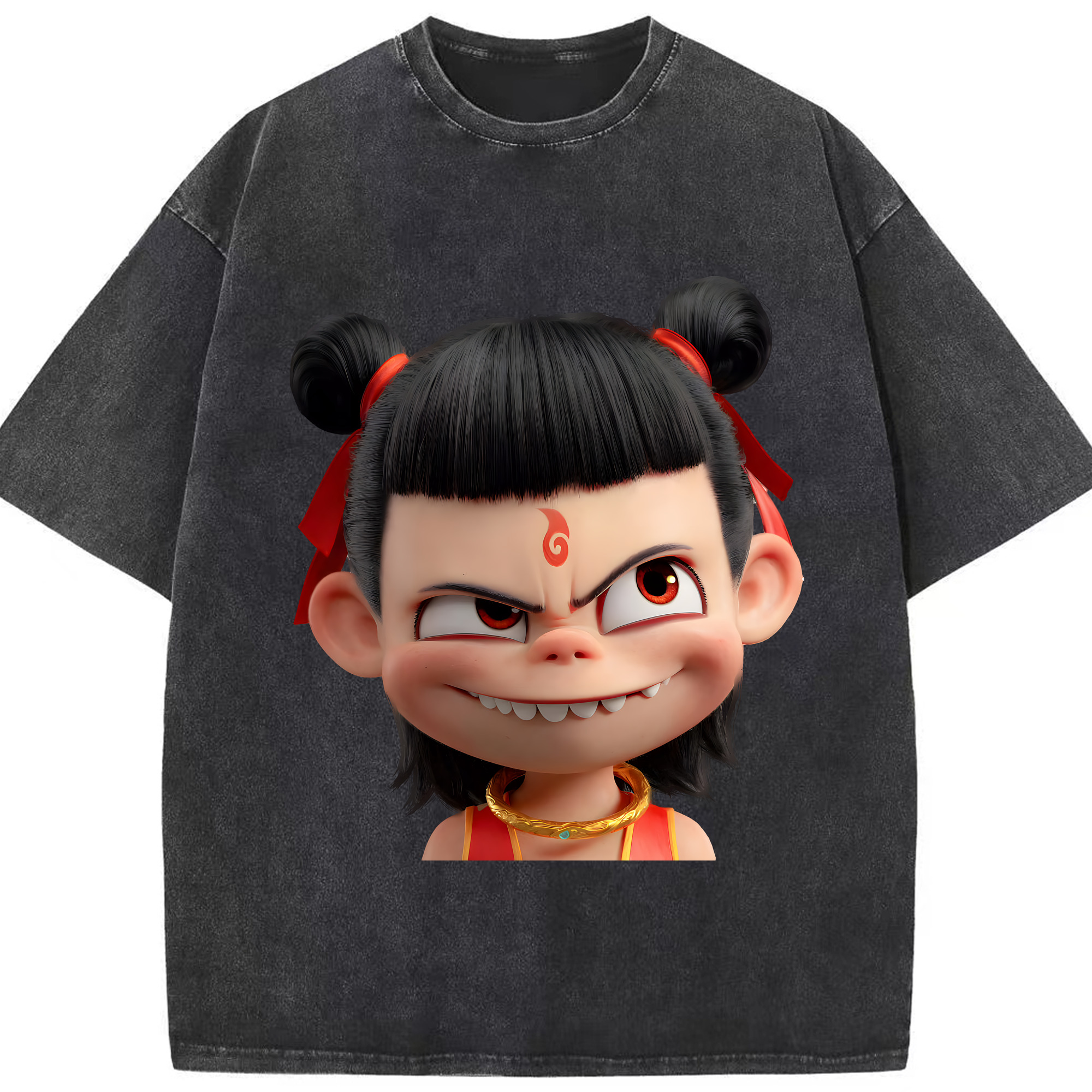 （画像用） Ne Zha 2 ナタ 魔童の大暴れ 綿100% ヴィンテージ風 半袖Tシャツ（フロントプリント）