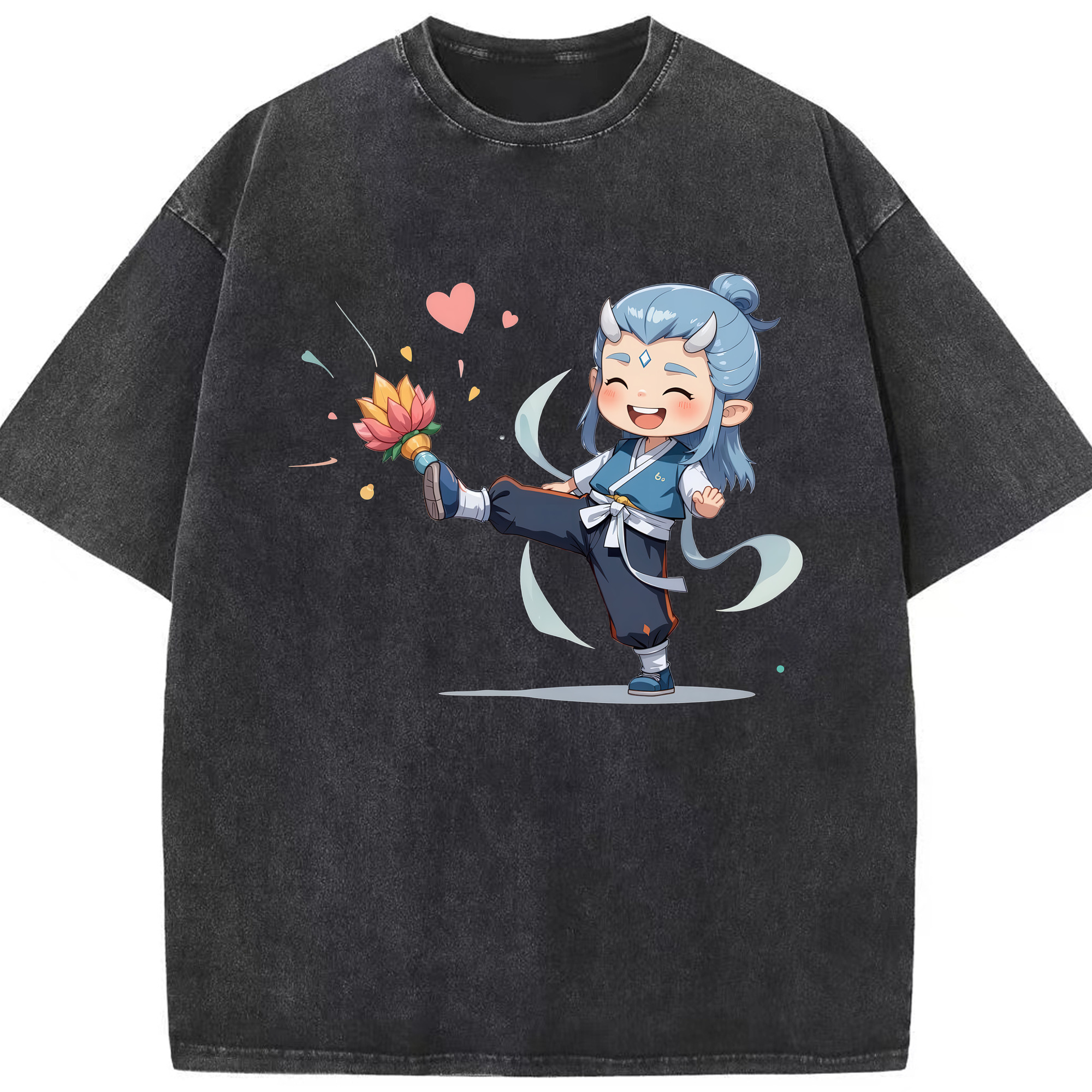 （画像用） Ne Zha 2 ナタ 魔童の大暴れ 綿100% ヴィンテージ風 半袖Tシャツ（フロントプリント）