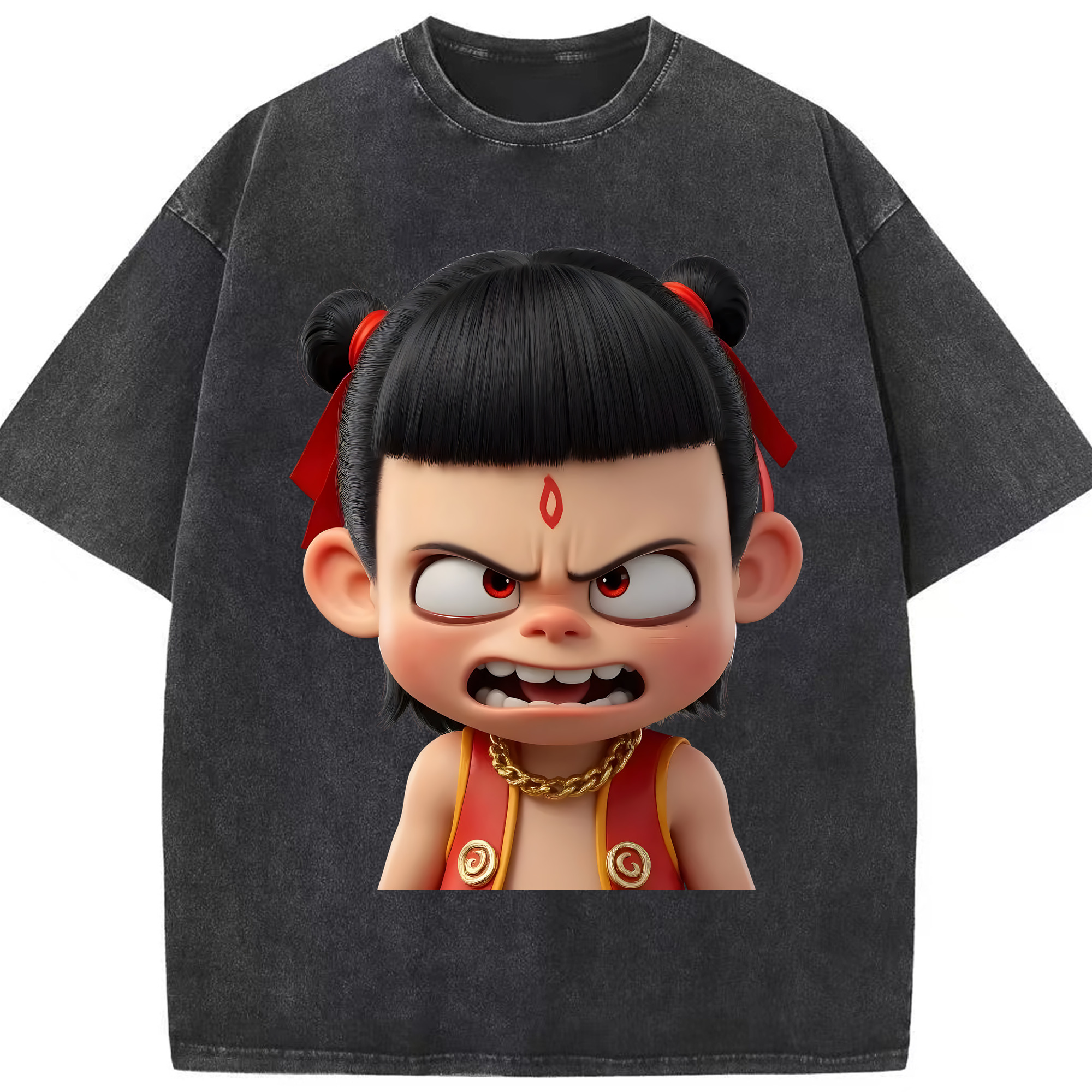 （画像用） Ne Zha 2 ナタ 魔童の大暴れ 綿100% ヴィンテージ風 半袖Tシャツ（フロントプリント）