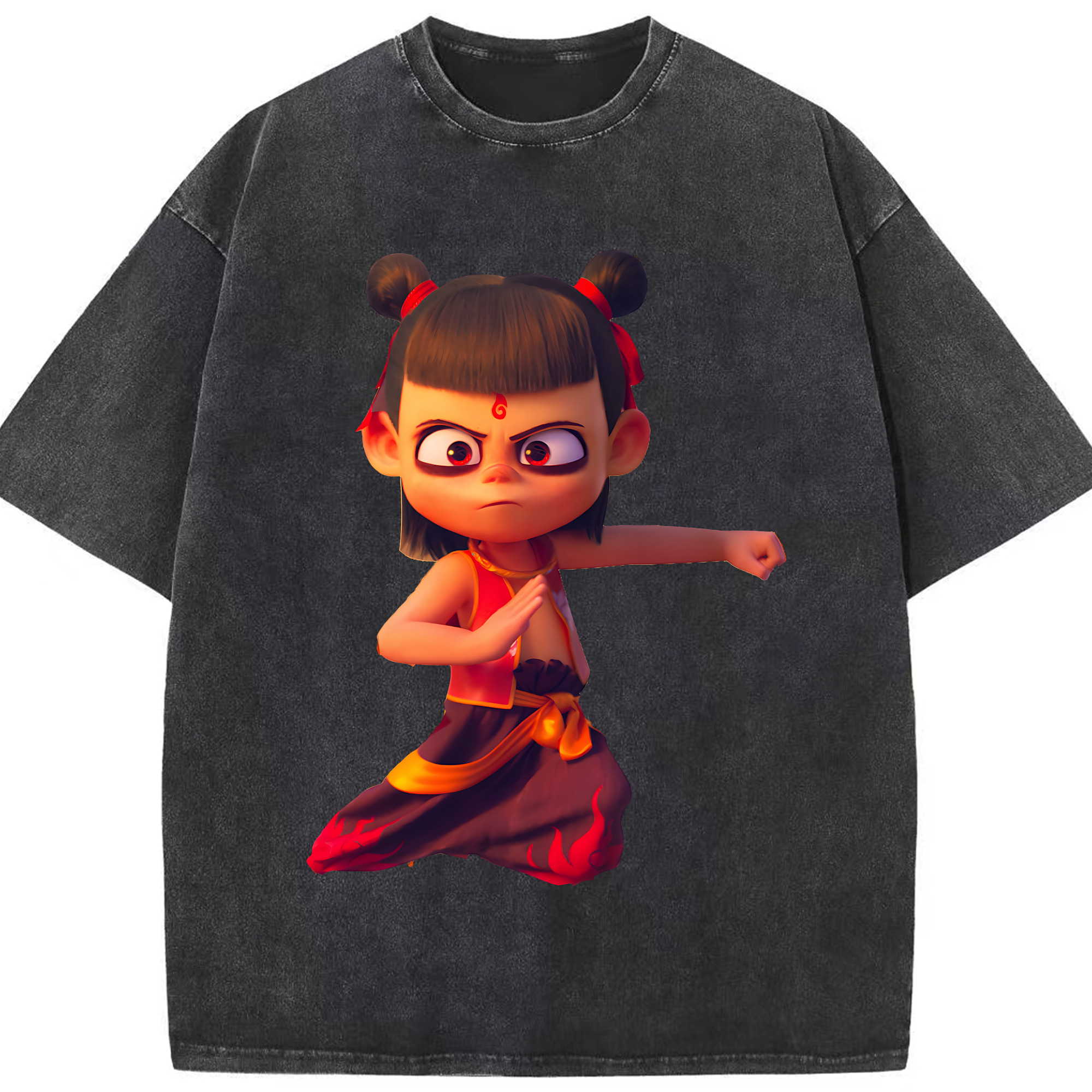 （画像用） Ne Zha 2 ナタ 魔童の大暴れ 綿100% ヴィンテージ風 半袖Tシャツ（フロントプリント）