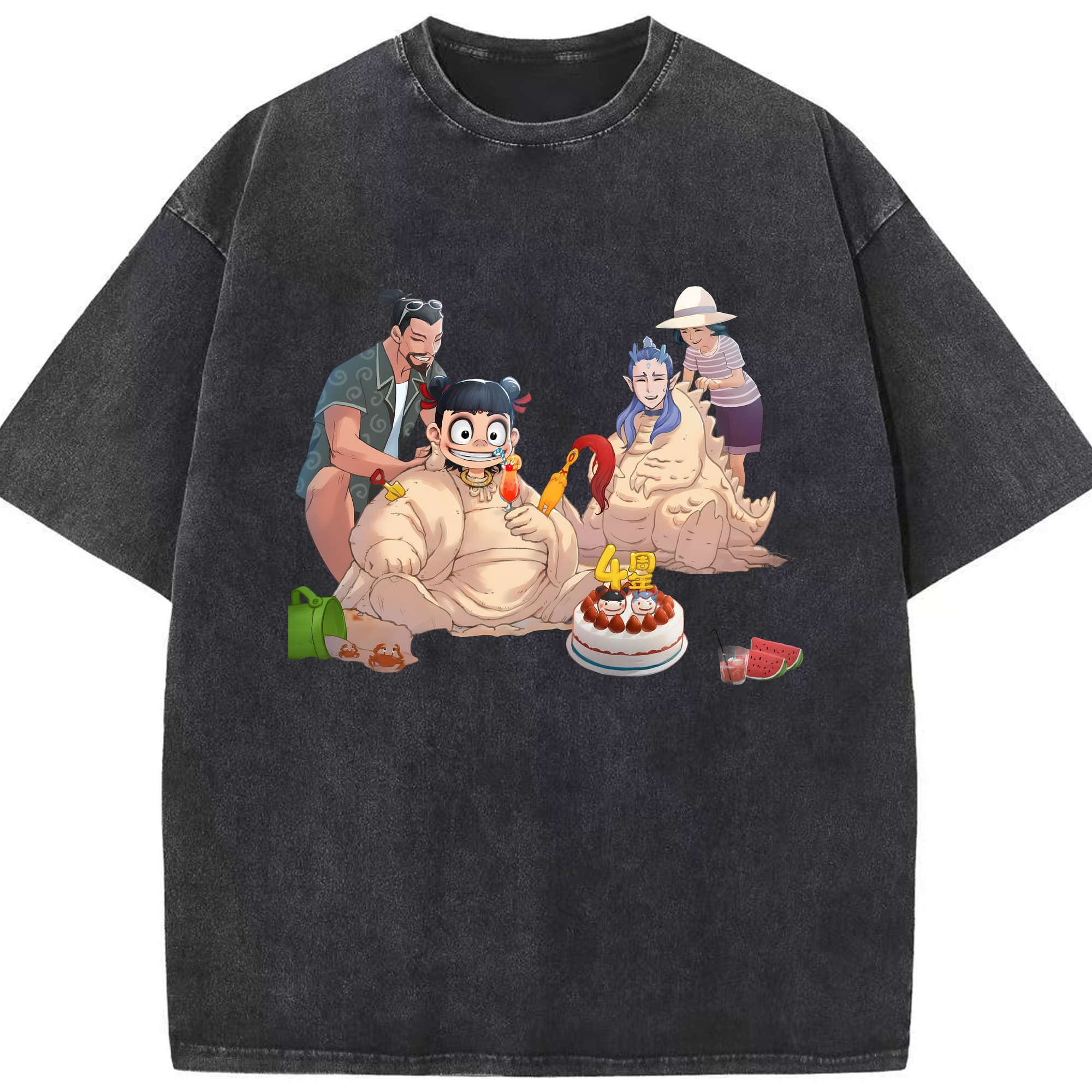 （画像用） Ne Zha 2 ナタ 魔童の大暴れ 綿100% ヴィンテージ風 半袖Tシャツ（フロントプリント）