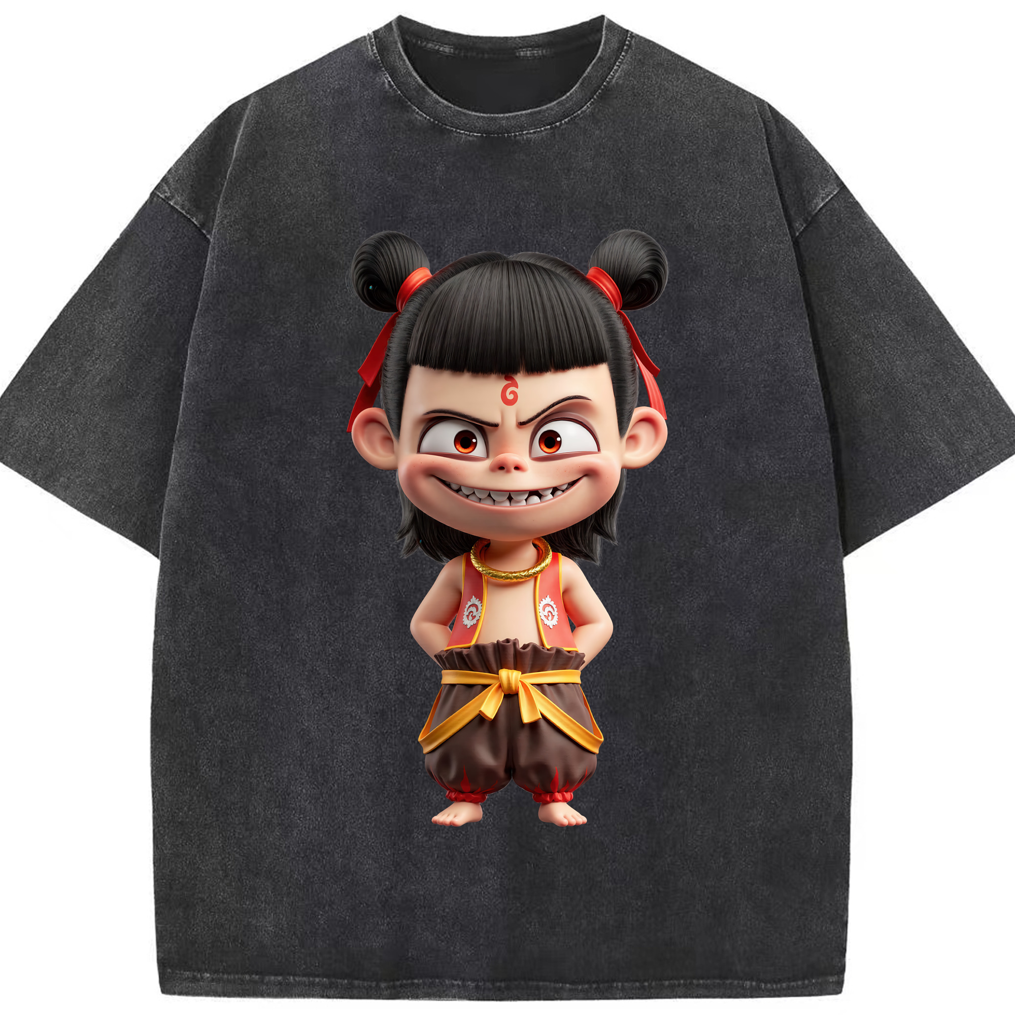 （画像用） Ne Zha 2 ナタ 魔童の大暴れ 綿100% ヴィンテージ風 半袖Tシャツ（フロントプリント）