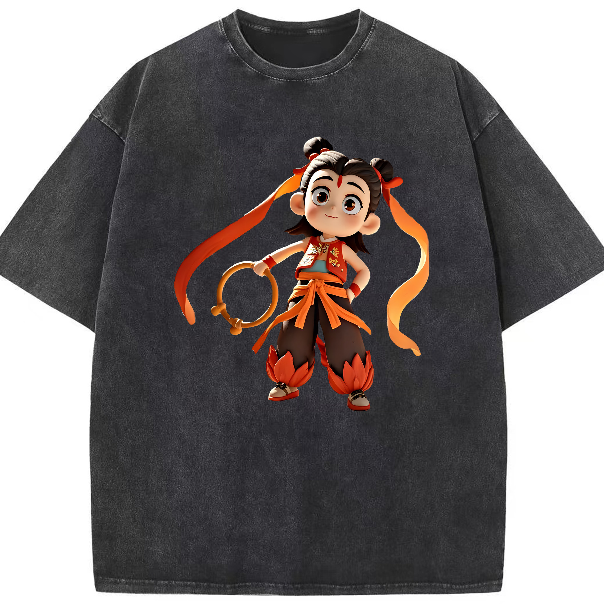 （画像用） Ne Zha 2 ナタ 魔童の大暴れ 綿100% ヴィンテージ風 半袖Tシャツ（フロントプリント）