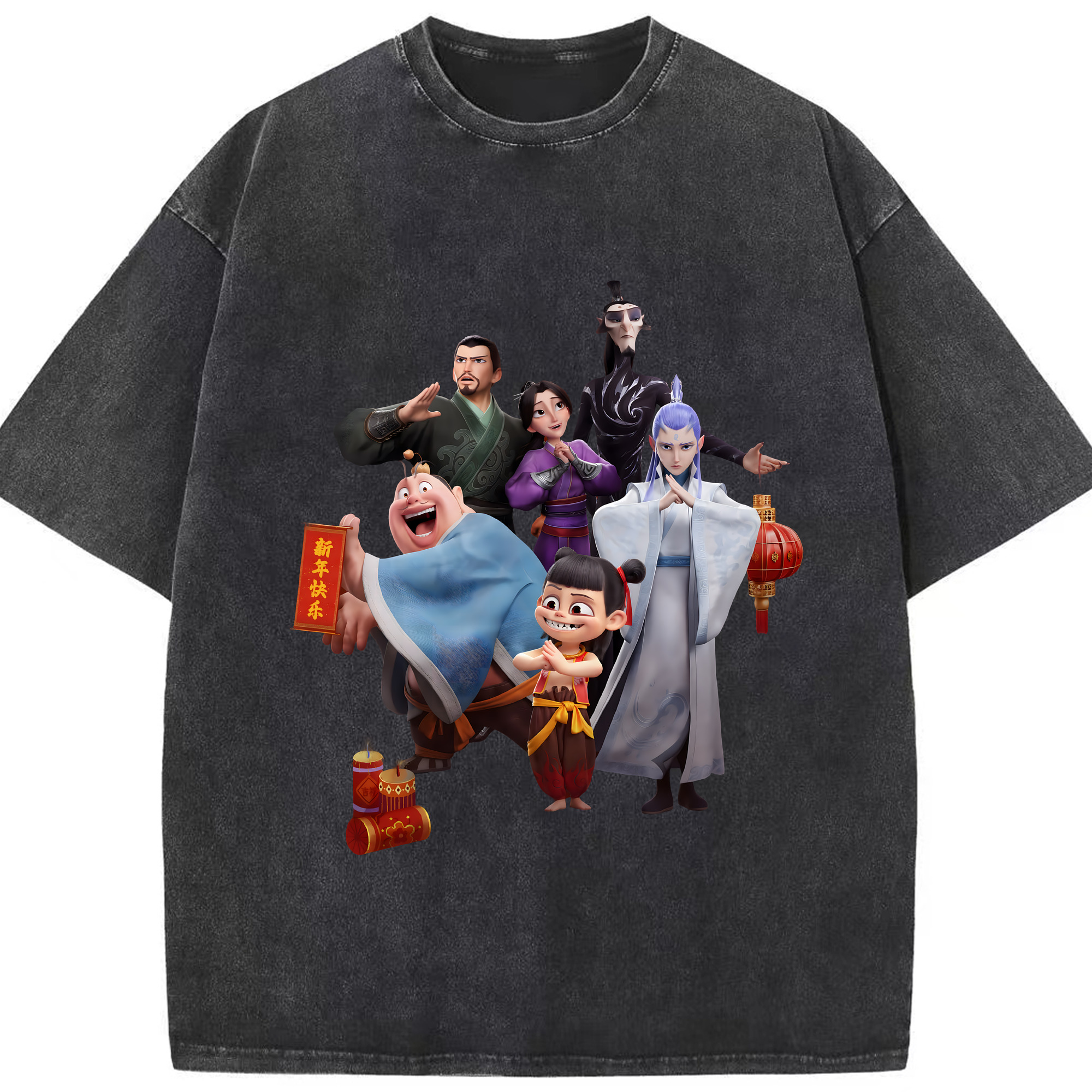 （画像用） Ne Zha 2 ナタ 魔童の大暴れ 綿100% ヴィンテージ風 半袖Tシャツ（フロントプリント）