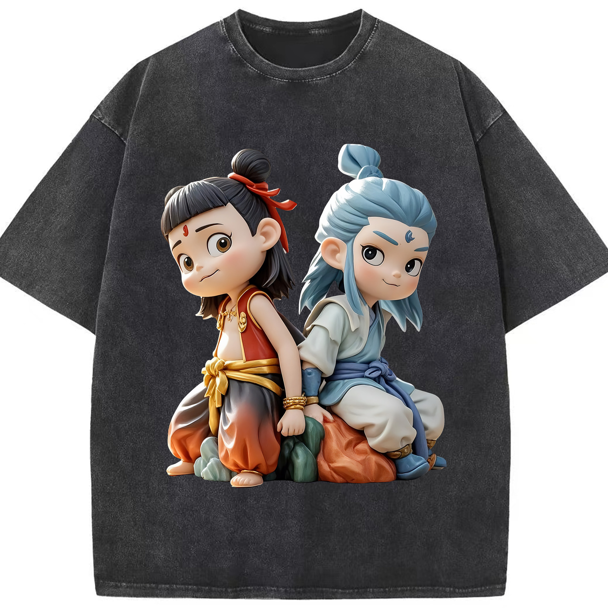 （画像用） Ne Zha 2 ナタ 魔童の大暴れ 綿100% ヴィンテージ風 半袖Tシャツ（フロントプリント）