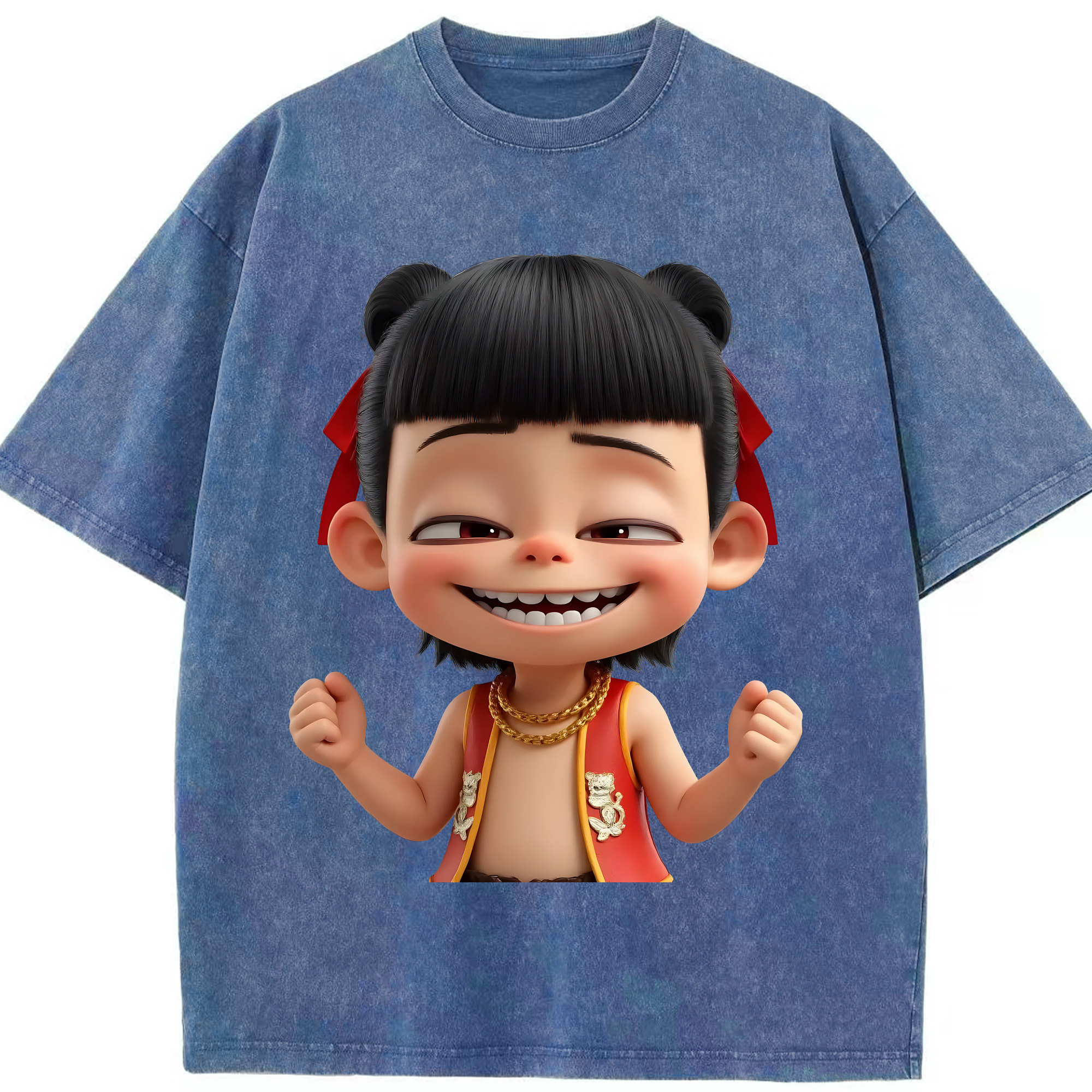 （画像用） Ne Zha 2 ナタ 魔童の大暴れ 綿100% ヴィンテージ風 半袖Tシャツ（フロントプリント）
