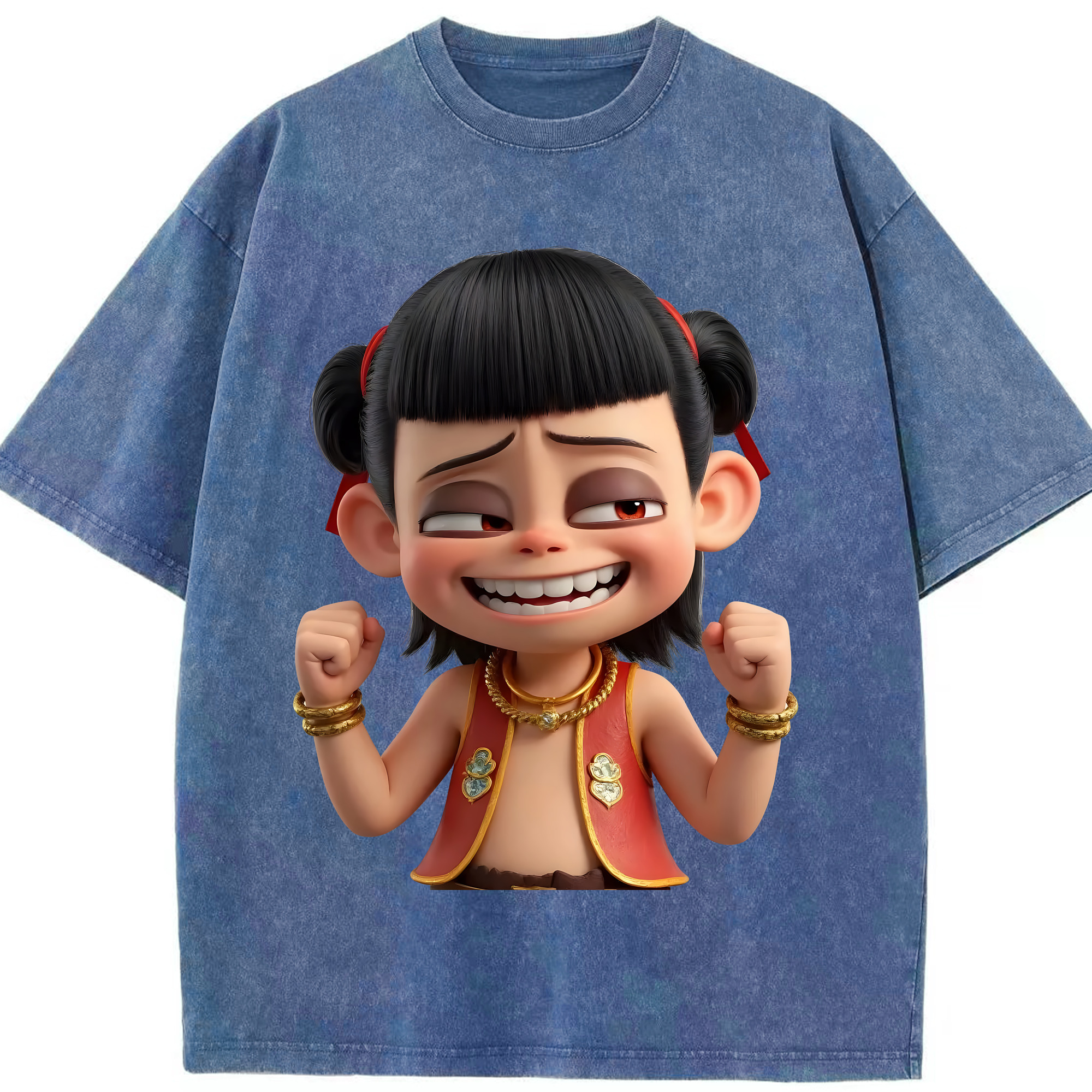 （画像用） Ne Zha 2 ナタ 魔童の大暴れ 綿100% ヴィンテージ風 半袖Tシャツ（フロントプリント）