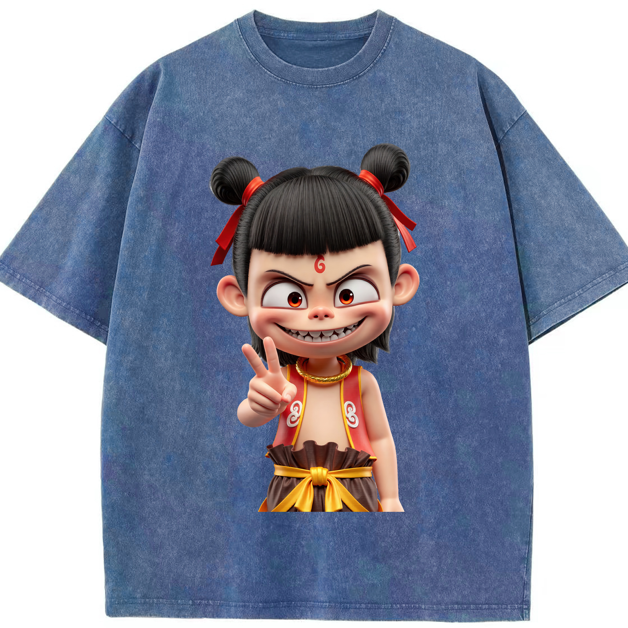（画像用） Ne Zha 2 ナタ 魔童の大暴れ 綿100% ヴィンテージ風 半袖Tシャツ（フロントプリント）
