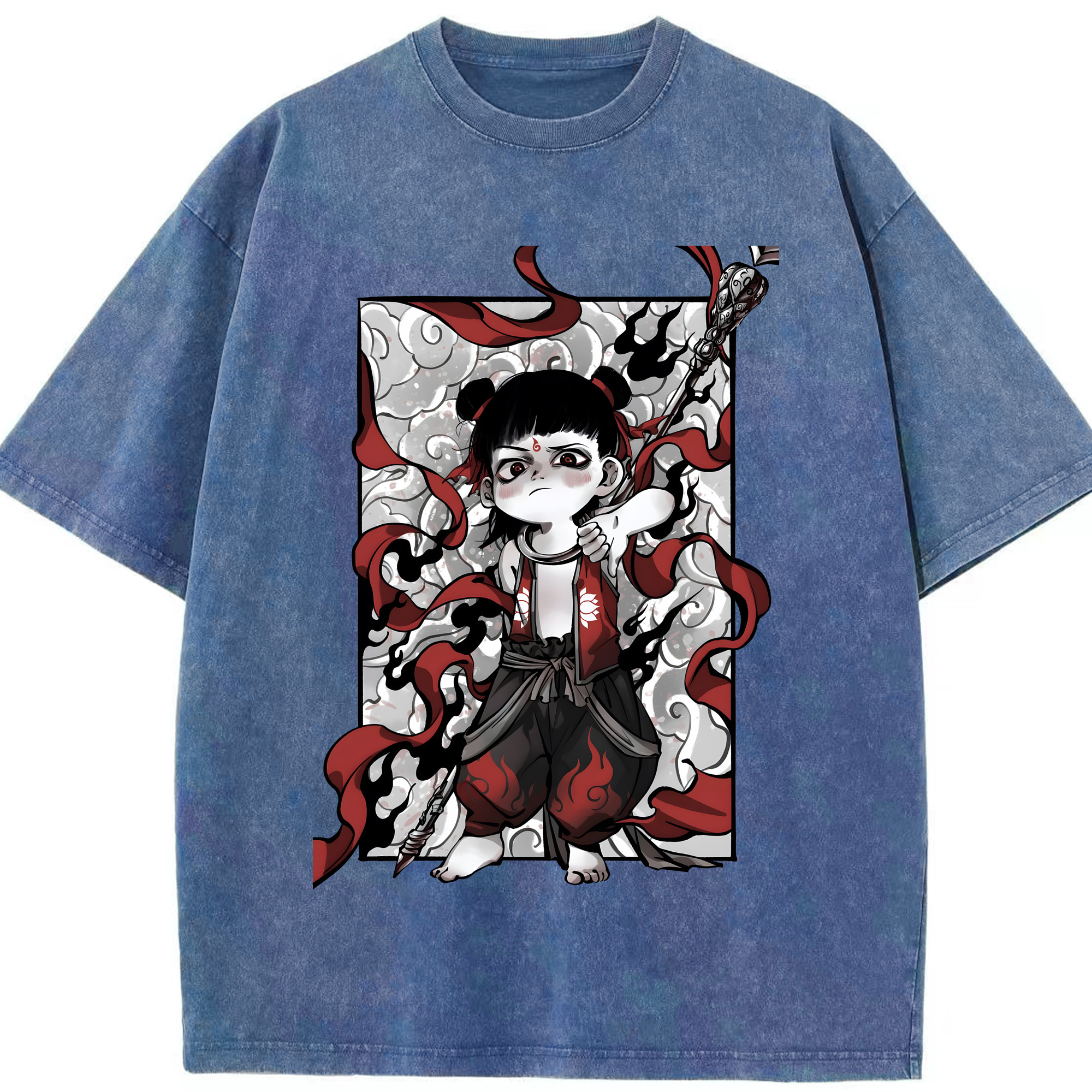 （画像用） Ne Zha 2 ナタ 魔童の大暴れ 綿100% ヴィンテージ風 半袖Tシャツ（フロントプリント）