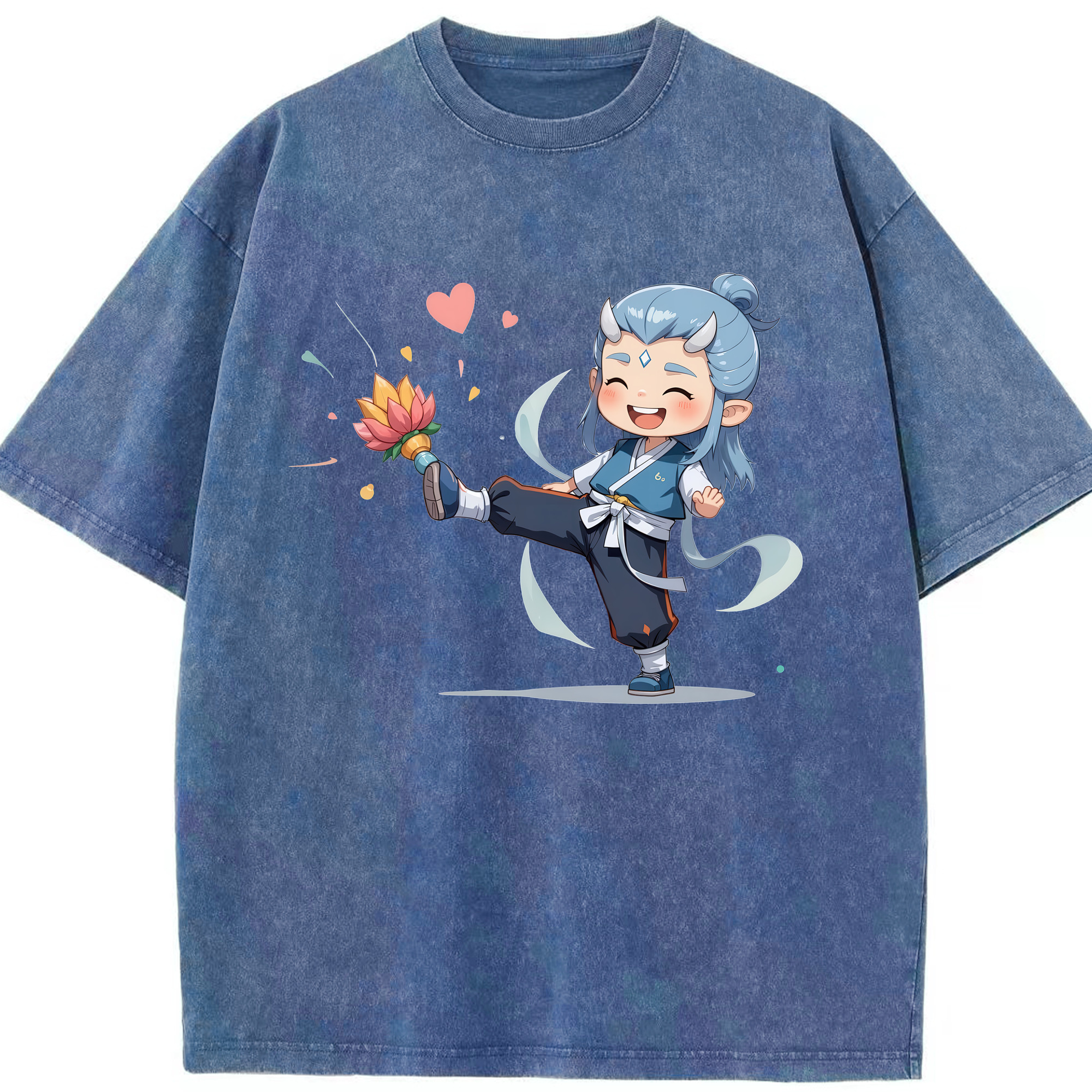 （画像用） Ne Zha 2 ナタ 魔童の大暴れ 綿100% ヴィンテージ風 半袖Tシャツ（フロントプリント）
